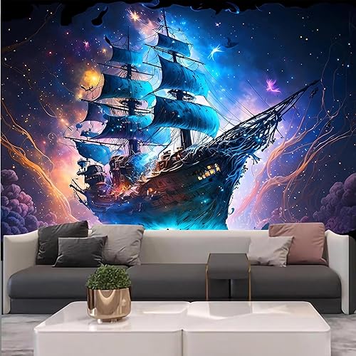 Miniatura 6 de FENDROM Tapiz náutico Decoración Fantasma Velero Arte de Pared Fantasía Paisaje Océano Náutico barco pirata Onda Vela Luna Tapices Colgantes de