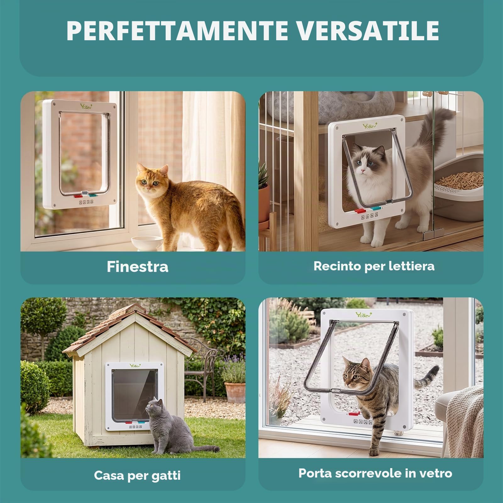 Ycozy XL Porta per Gatti per Porte 27.8 x 25 cm con Chiusura a 4 Vie per Porta Interna Esterna Finestra a Muro, Gattaiola Resistente alle Intemperie per Gattini e Cani Facilmente Installabile