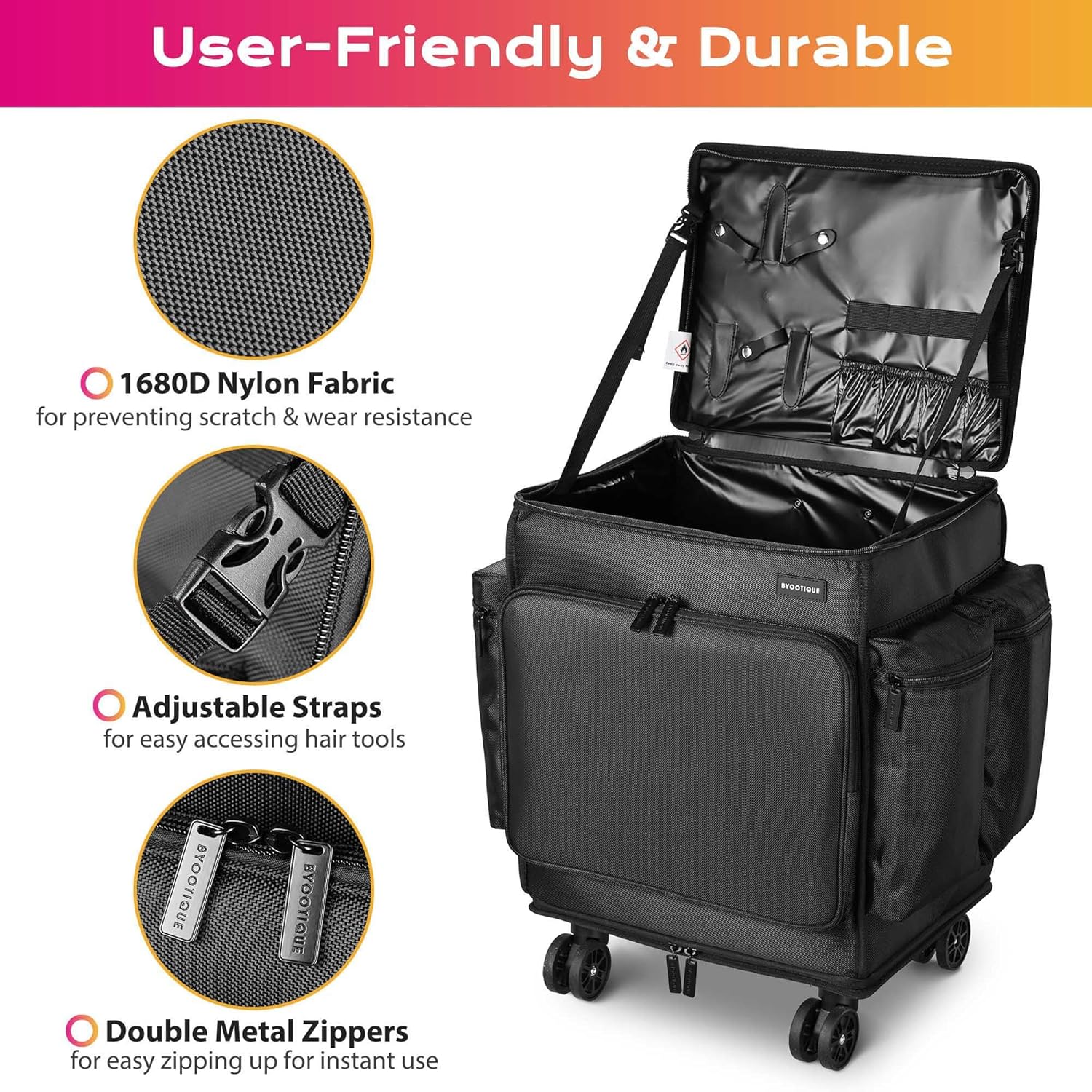 BYOOTIQUE Rolling Makeup Train Case Soft Sided Travel Cosmetic Organizer Storage 1680D Nylon Fabric Trolley Suitcase Mobile Barber Station, Black