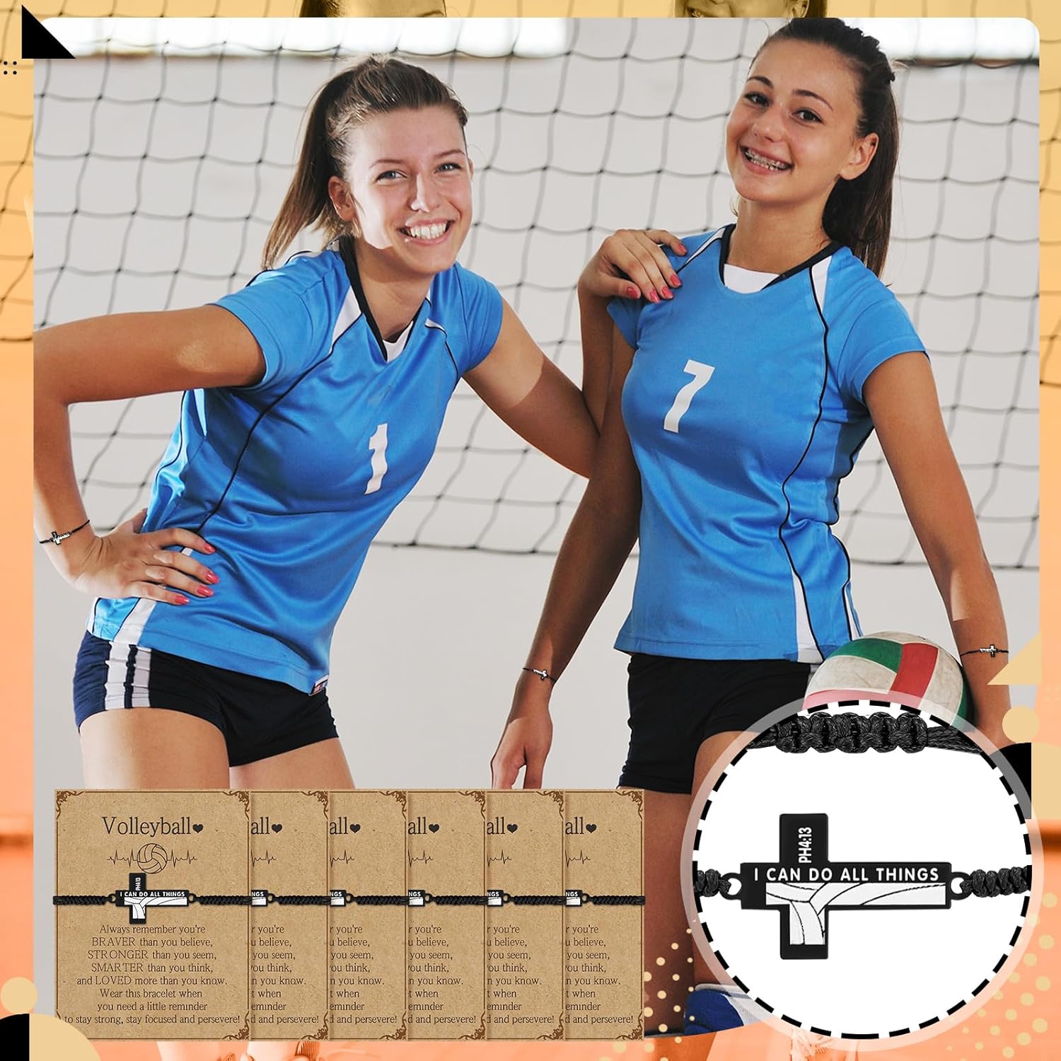 Volleyball Soccer Football Softball Baseball Basketball Bracelets Gifts Adjustable Cross Charm Bracelets Party Favor Team Gifts with Inspirational Card for Player Group - Image 3