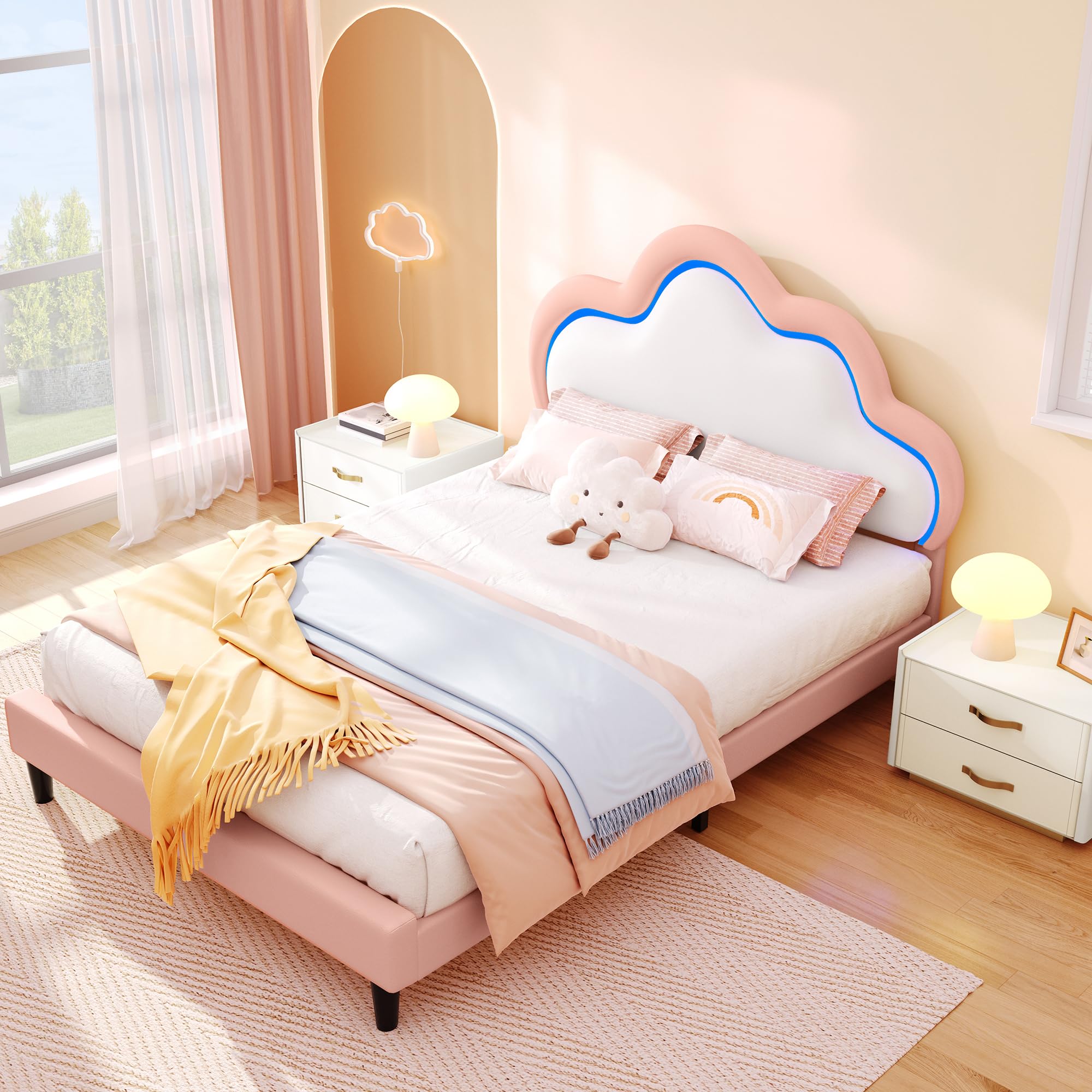 DWVO Pink Twin Bed Frame with LED Light, Upholstered Bed PU Leather Adjustable Headboard, LED Platform Bed Wooden Slat Support, Easy Assembly, No Box Spring Required