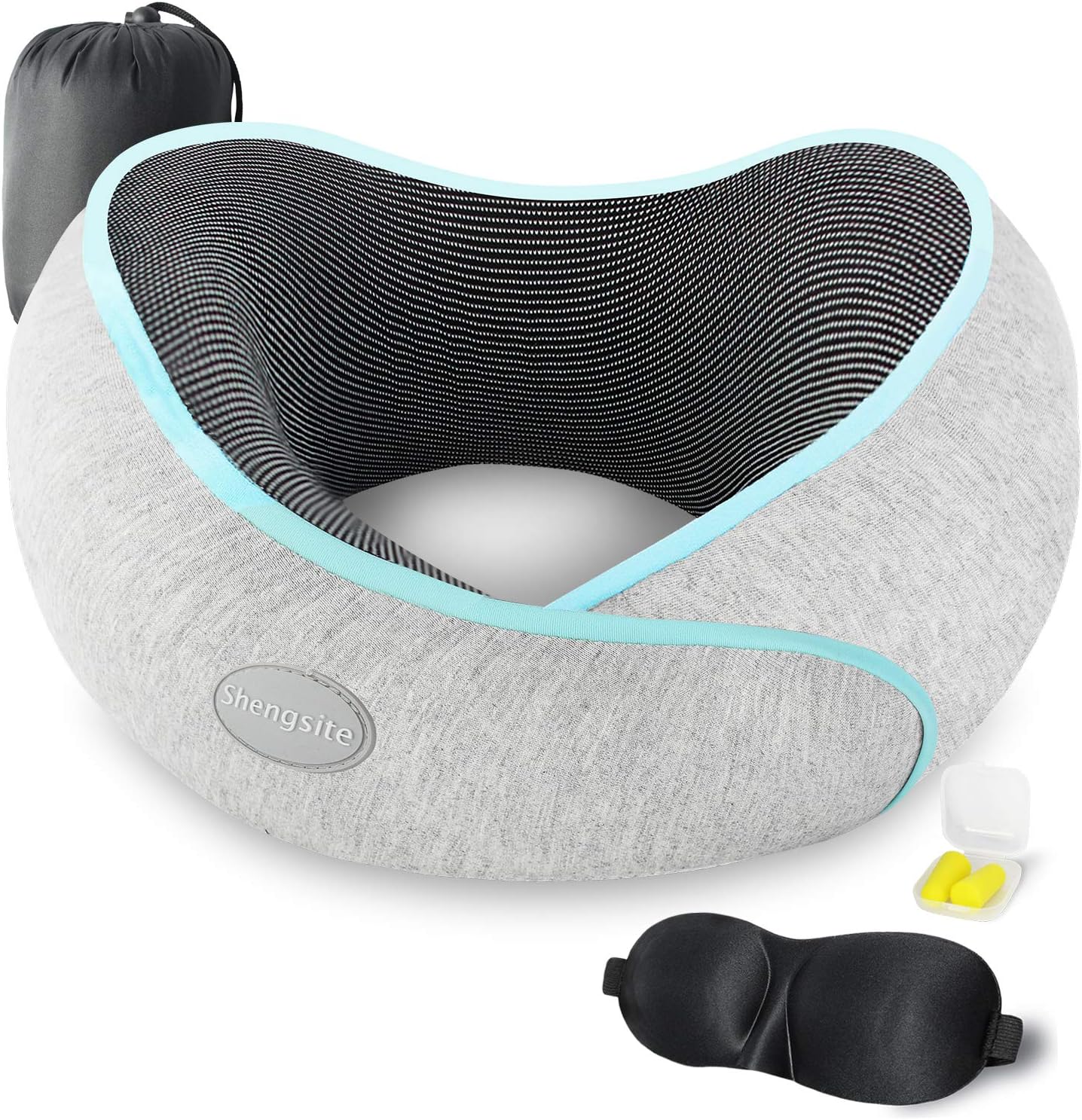 Travel Pillow, 100% Memory Foam Neck Pillow for Airplane Travel, Full Neck Chin Support Adjustable Airplane Pillow, Machine Washable Cover, with 3D Sleep Mask, Earplugs, and Travel Bag(Grey)