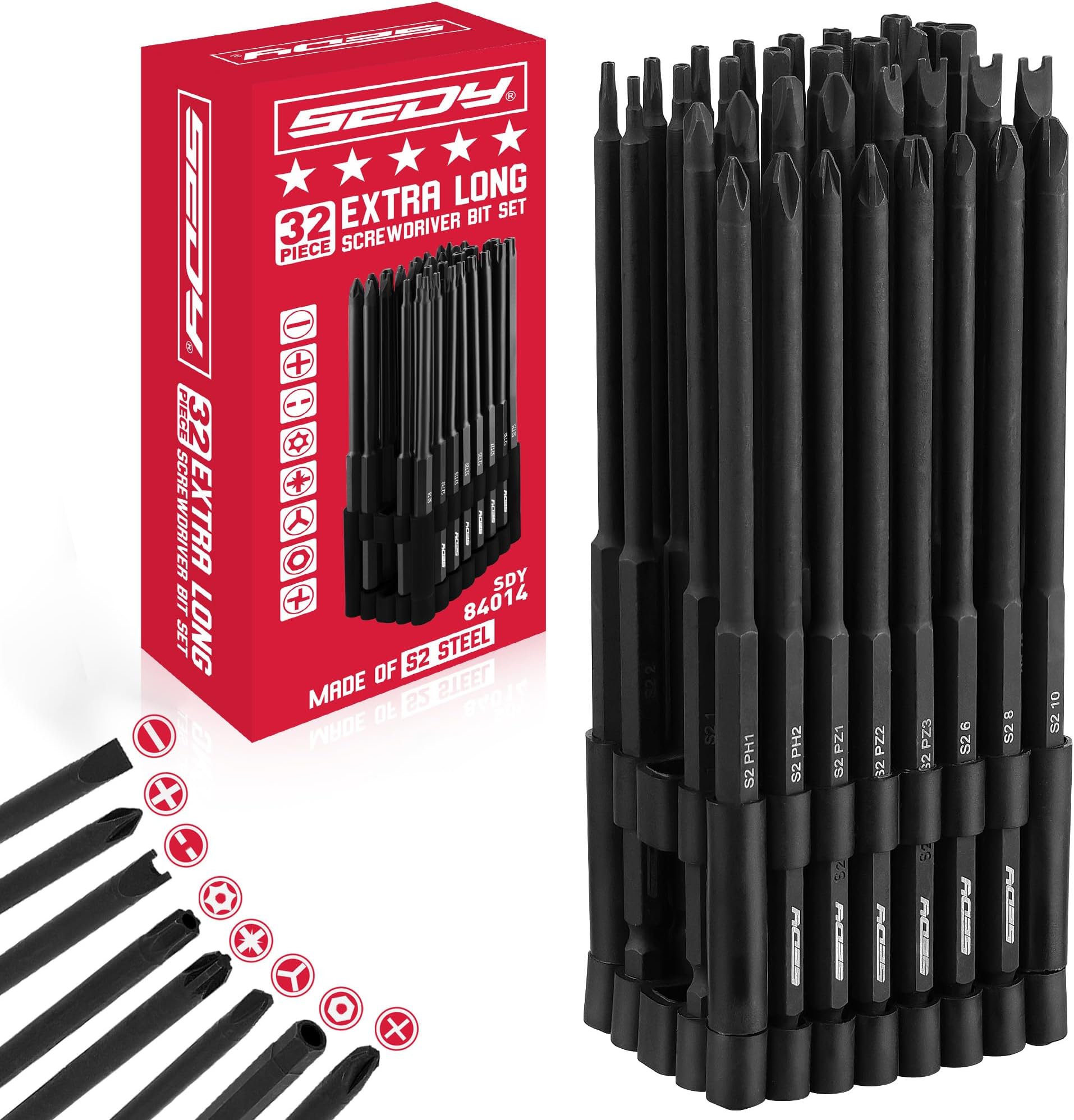 Extra Long Security Bit Set: 32-Piece S2 Steel Screwdriver Drill Bits for Tamper-Proof Screws, 6" Torx, PoziDriv, Spanner, Tri-Wing - Universal 1/4" Hex Shank for Electric, Impact Drills