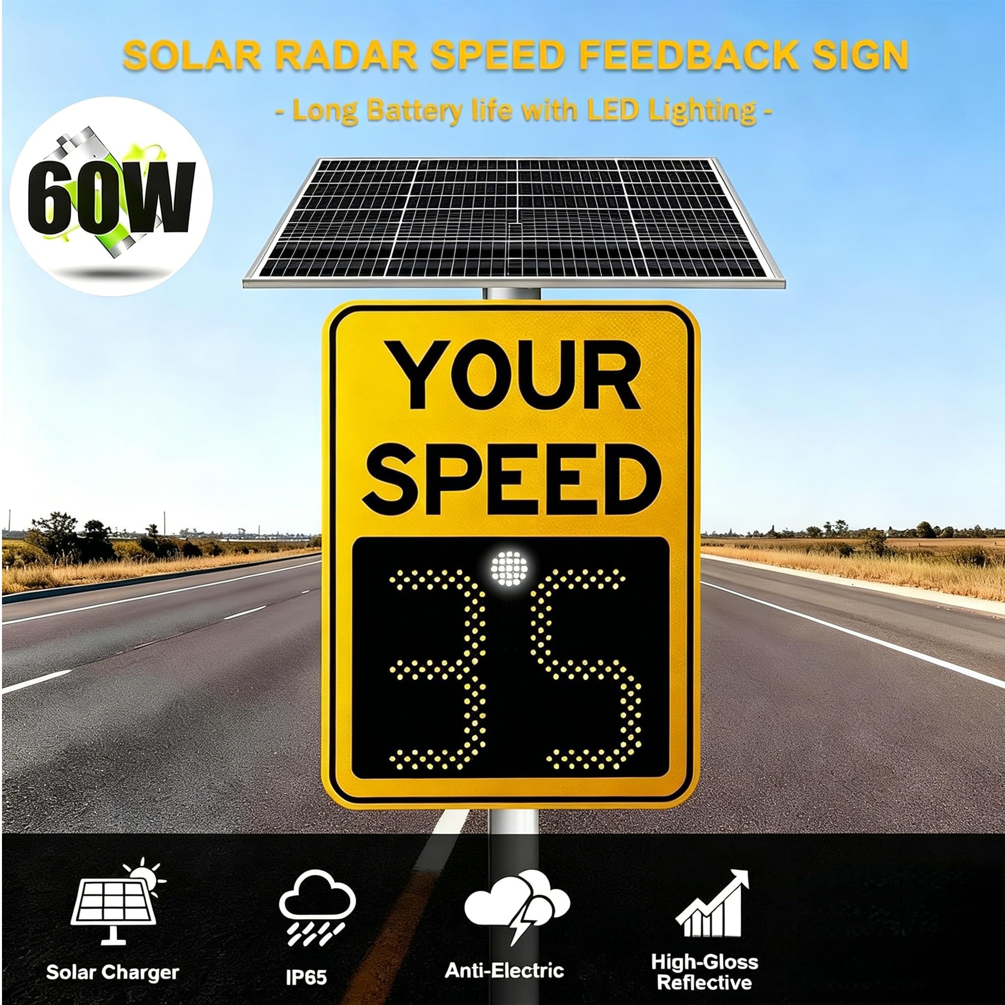 Señal de Velocidad de Radar con energía Solar, Alerta de retroalimentación de Pantalla Digital Ajustable de 1-199 mph para Calles, Advertencia led de Alta Visibilidad con Carcasa de Aluminio remota y
