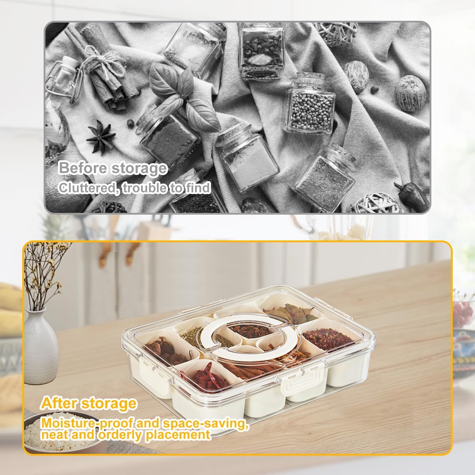 8 Fächer Gewürzbehälter mit Deckel, Rechteckig Snack Schalen Serviertablett Geteiltes Serviertablett mit Griff Geteilte Aufbewahrungsbox, für Gewürze, Snacks, Nicht Spülmaschinenfest (8 Fächer 1pcs)