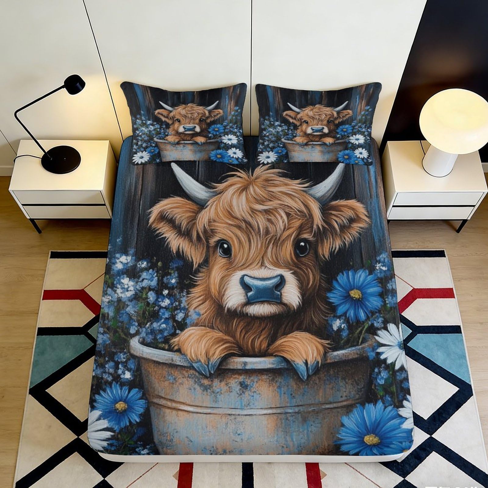 3D Printed Highland Cow Floral Fitted Sheet Microfiber Anti-Slip Mattress Cover Blue Daisy for Bedroom Guest Room Decor 90x200x25cm