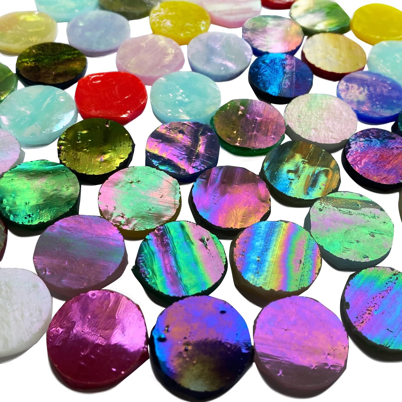 KALUCION 4/5" Magic Iridescent Round Circle Glass Mosaic Tiles for Crafts 125 Pieces, Stained Glass Supplies Mosaic Kit for Adults