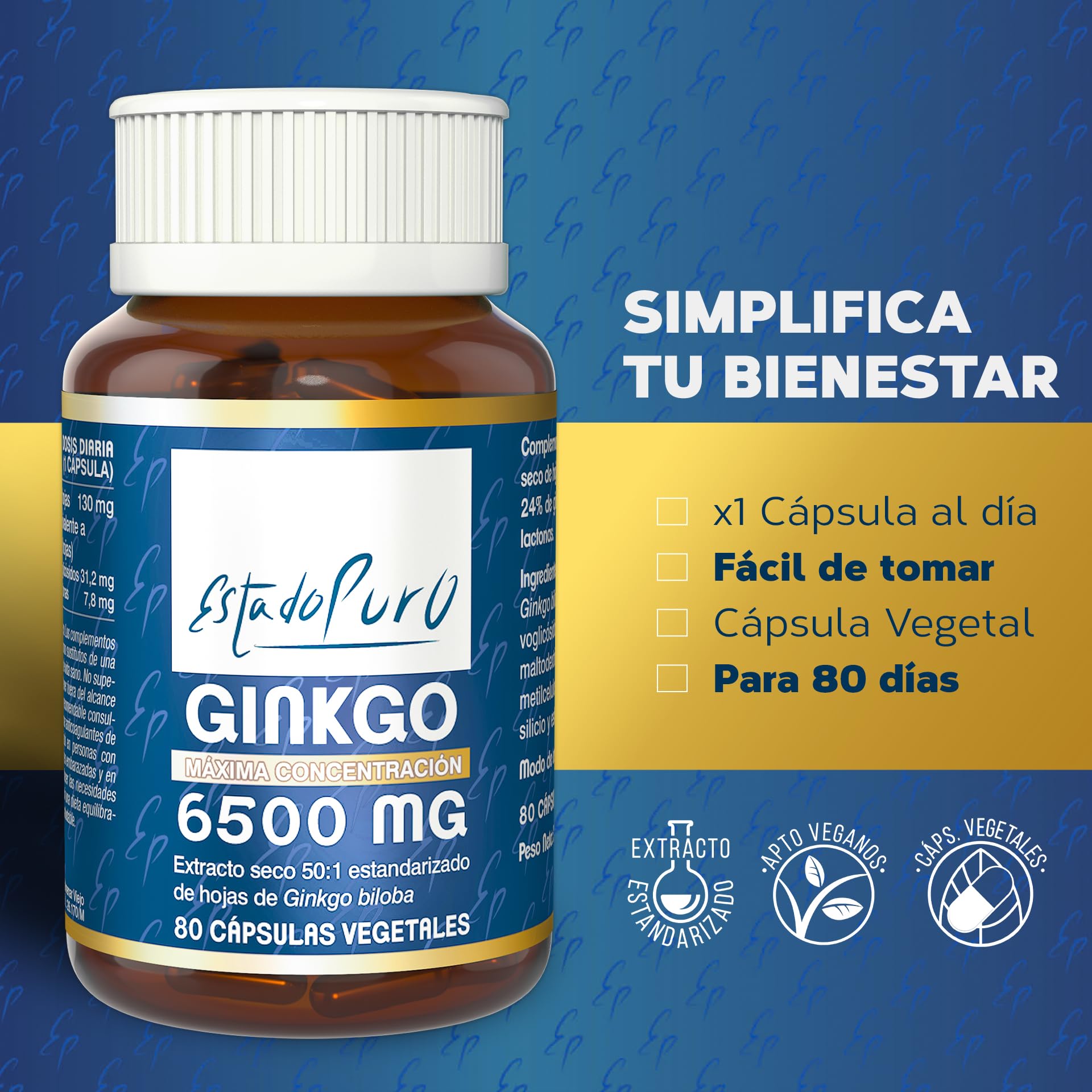 Ginkgo Biloba Estado Puro 6500mg | Extracto Estandarizado y Máxima Concentración | 24% de Flavonoides y 6% de Terpenos | Memoria y Concentración + Circulación | 80 Cápsulas de Tongil (Lote de 1)