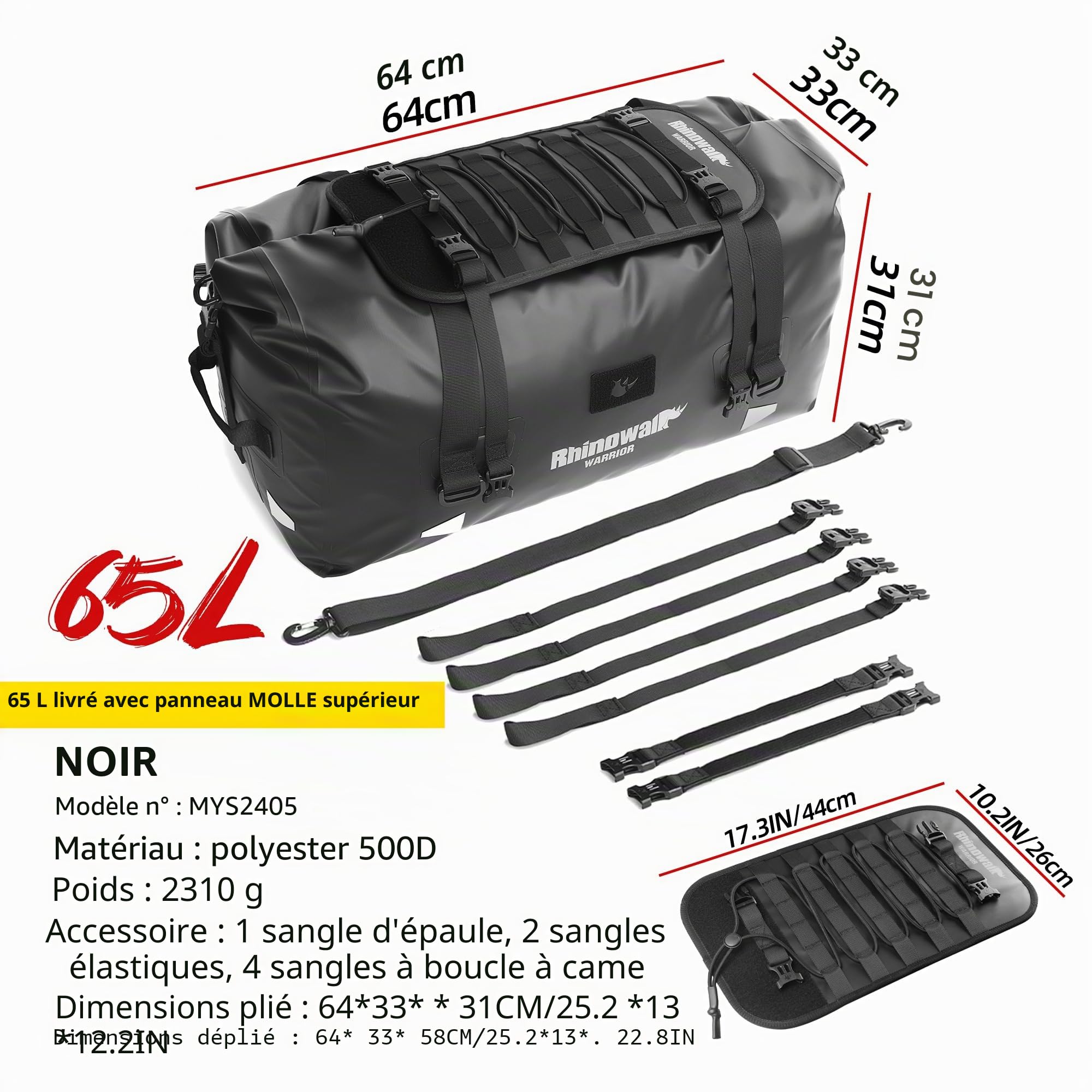 Rhinowalk Sacoche de selle de moto 65L – Sac de queue de tourisme imperméable extra-large avec extension MOLLE et sangles de sac à dos