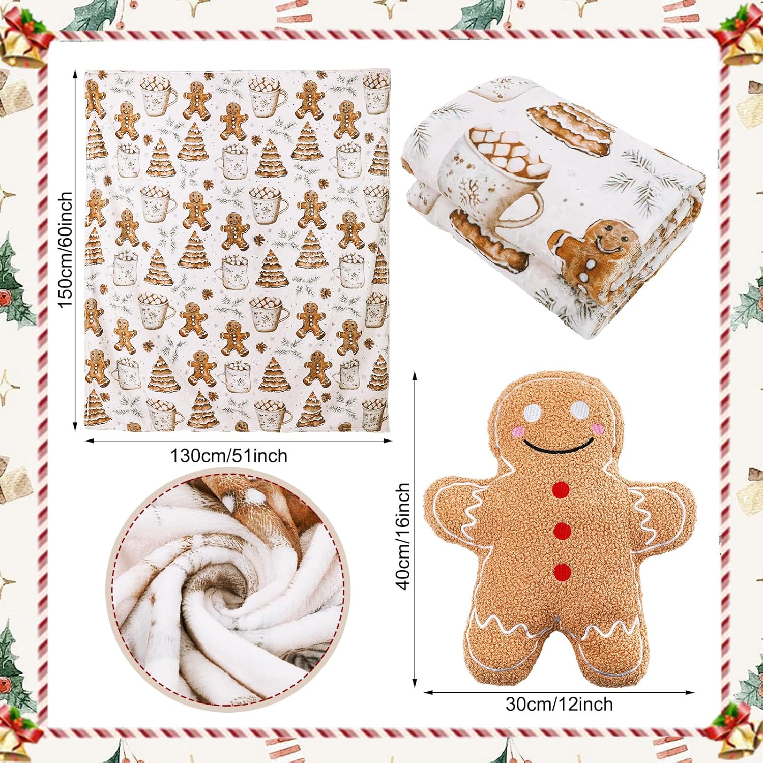 Breling 2 Pcs Christmas Gingerbread Man Throw Blanket and Pillow Set Soft Flannel 51 x 59'' Gingerbread Christmas Blanket and Pillow Xmas Gift Fuzzy Cozy Soft for Home Bed Sofa Couch Office Room Decor - Image 3