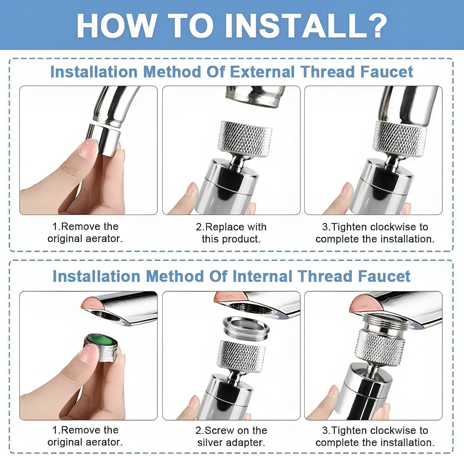 Faucet Aerator 360° Swivel Kitchen Sink Aerator, Dual-function 2-Flow Female 55/64 in-27UNS Chrome Solid Brass Faucet Sprayer Attachment with 15/16 in Male Threaded Adapter for Bathroom Sink Filter