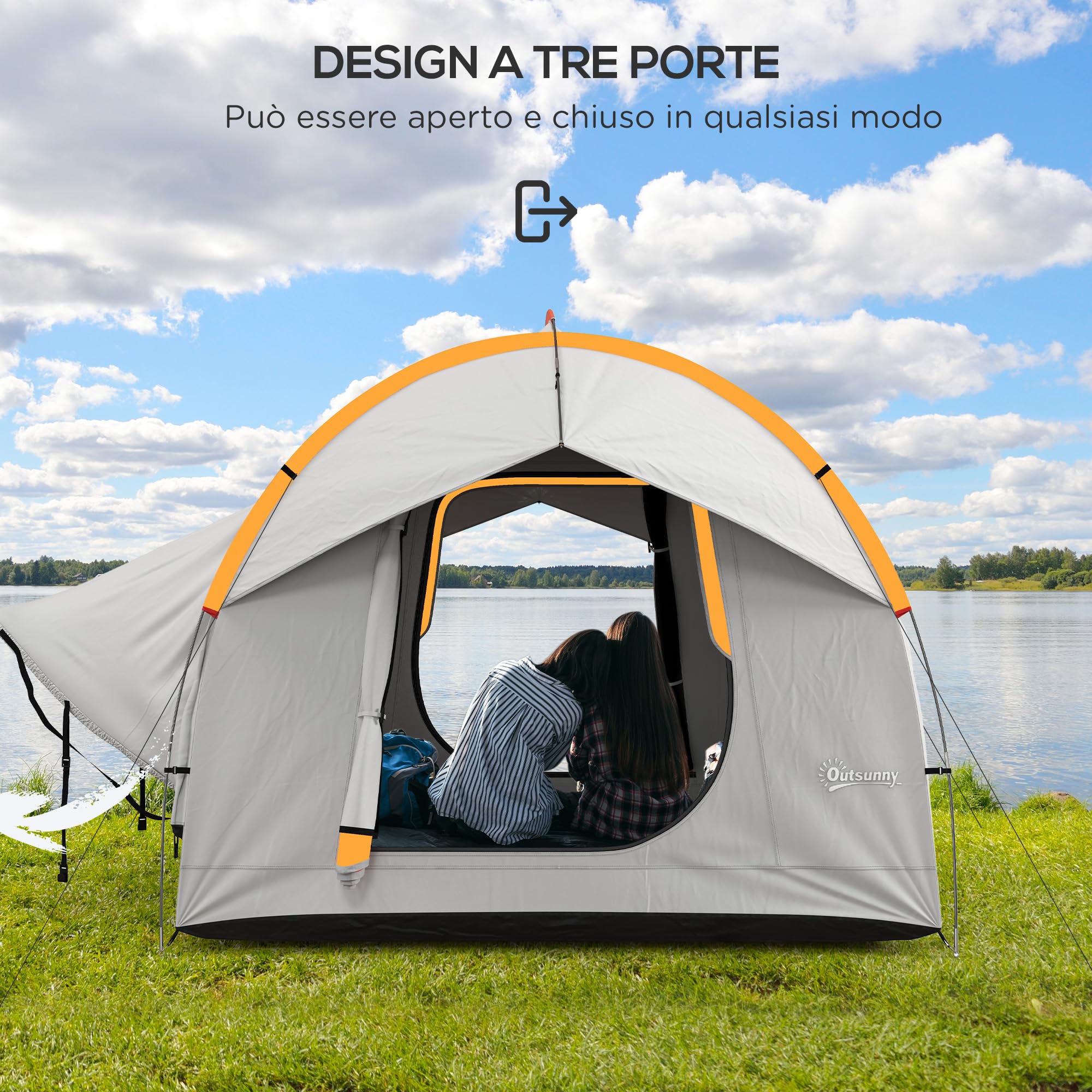 Outsunny Tenda per Auto Impermeabile a 3 Porte con Finestra in Rete, Tenda da Esterno in Poliestere, PE e Fibra di Vetro, 2.4x2.1x2.1m, Grigio e Arancione