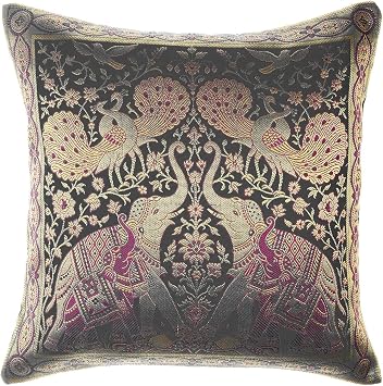 16x16 Inch 40x40 cm India Style Elephant Peacock Decorative Throw Pillow Case Cushion Cover for Sofa Couch Chair Bed Insert Not Included Zipper Black