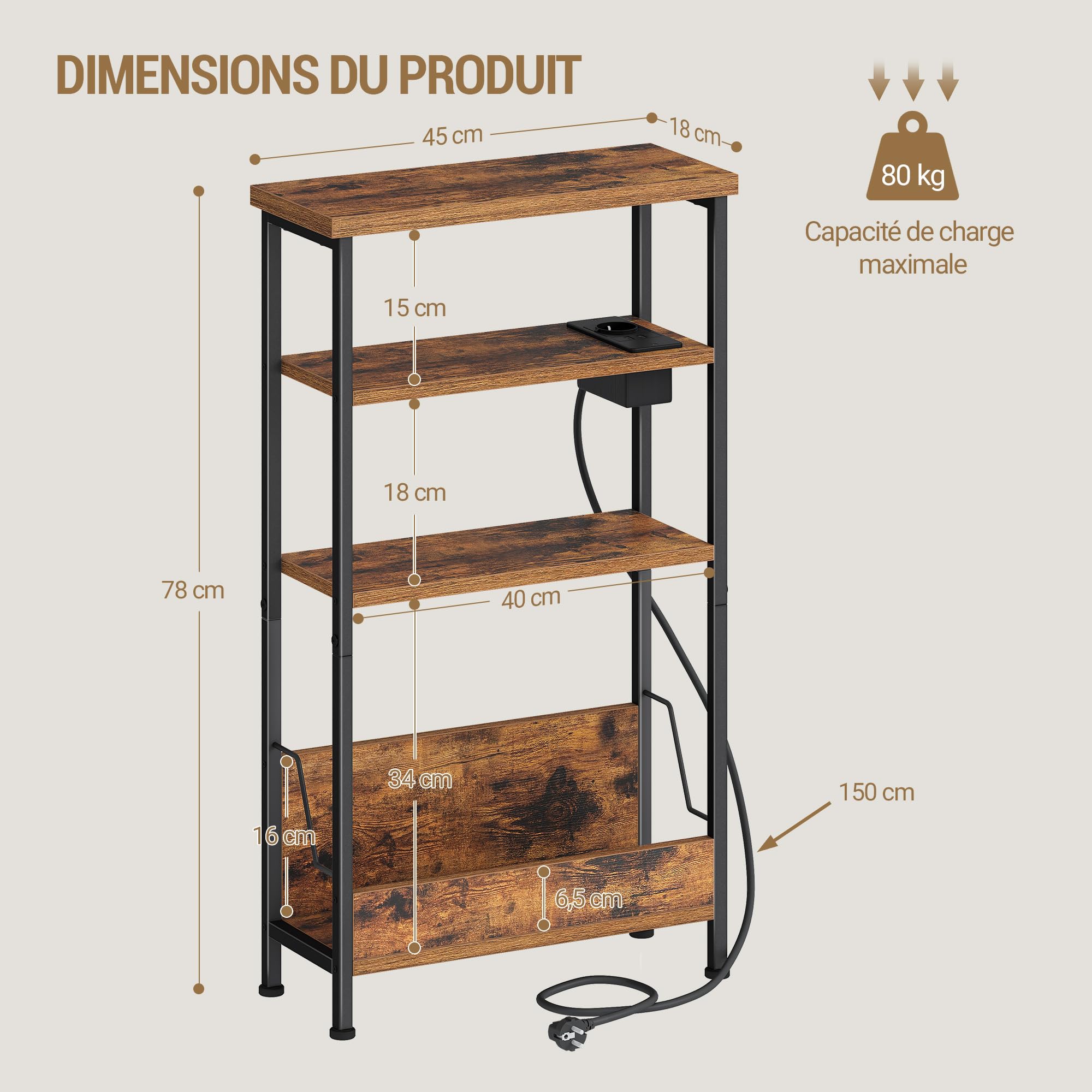 Hzuaneri Table d'Appoint Fine, Bout de Canape à 4 Niveaux avec Porte-revues et Prise de Recharge, Table d'Appoint Adaptée aux Salons, Chambres et Bureaux, Marron Rustique ET40001BEU