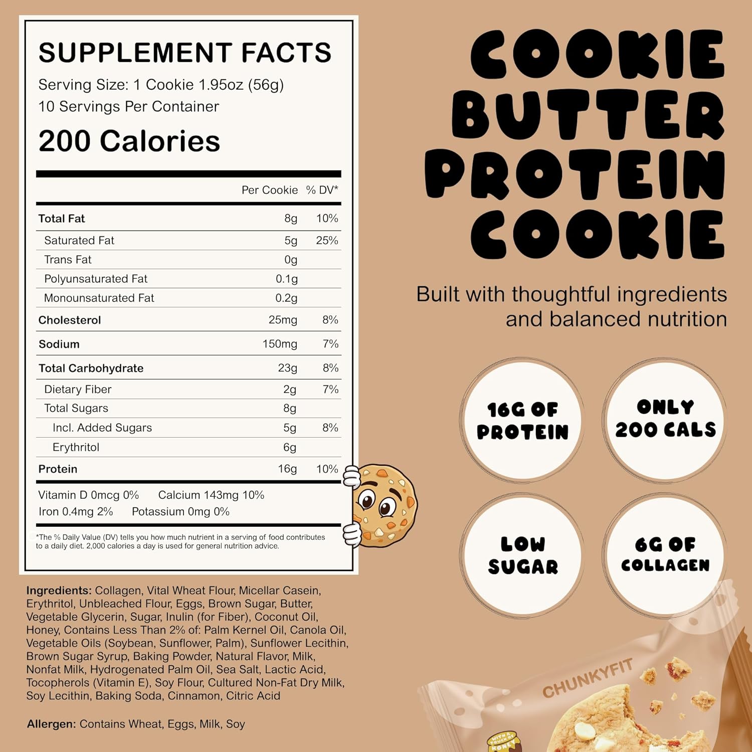 CHUNKYFIT Cookie Butter Protein Cookie - Made with Coconut Oil, Collagen and a Touch of Honey, Soft Baked Balanced Snack, Good for Post Workout Recovery, 16g Protein - 1.95 OZ - 10 Pack