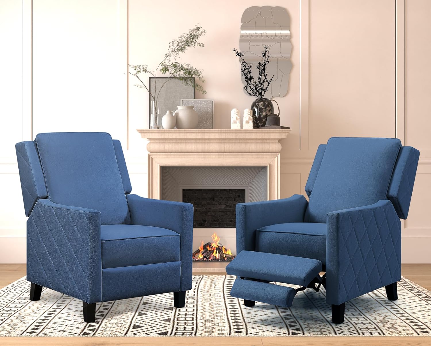AVAWING 2 Pieces Push Back Recliner Chair, Wingback Chairs with Armrests, Mid-Century Modern Accent Chair for Living Room, Bedroom, Study Room, Polyester, Blue