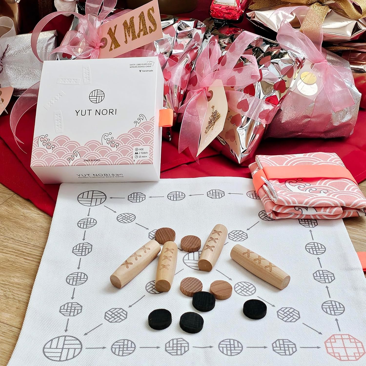 Giftable YUTNORI(Portable Board Game), Traditional Korean Party Game (with Unique Dice), Korean Folk Game YUNNORI, 2~4Teams, 15min, Strategy & Luck, Fast Pace, Mini Board Game