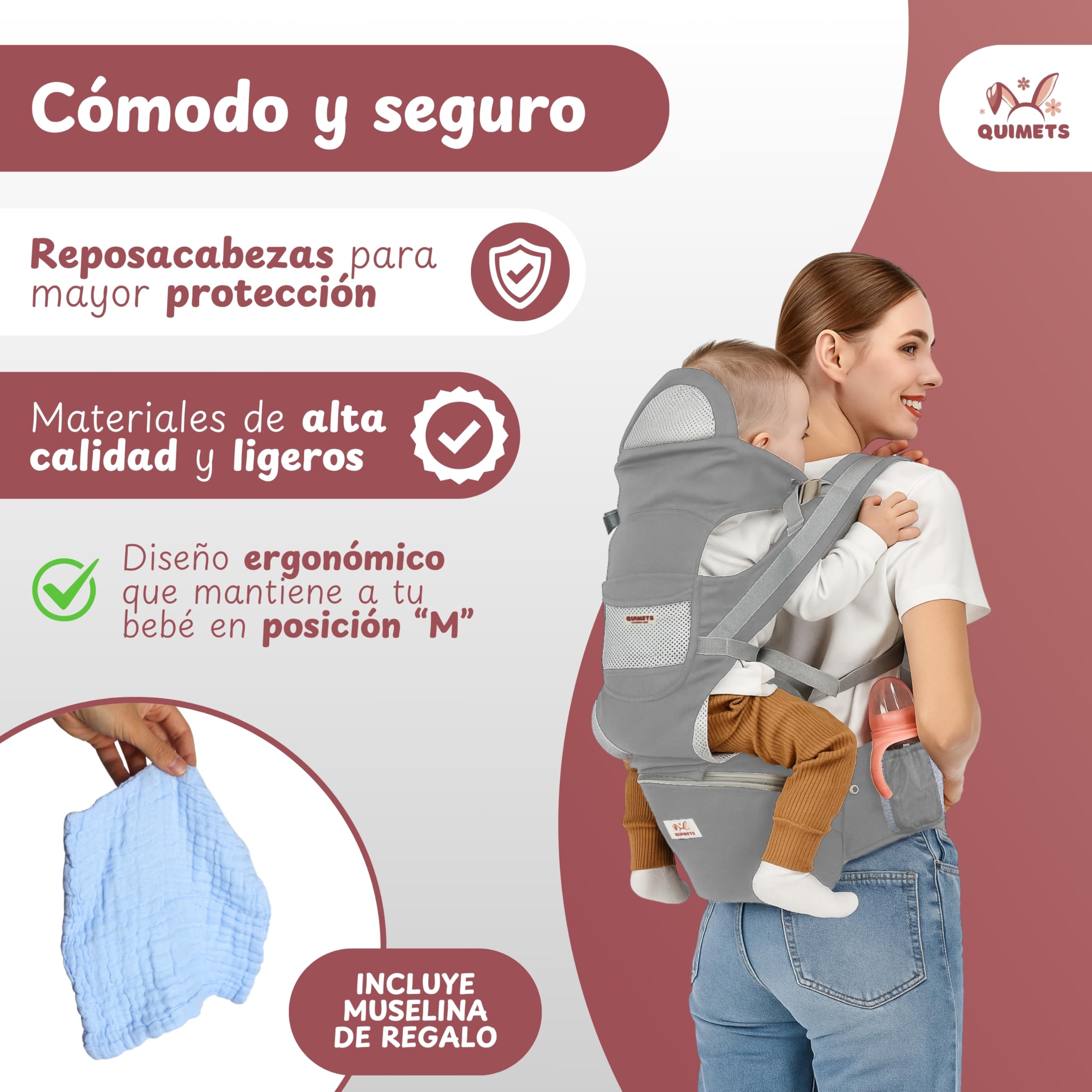 QUIMETS | Mochila Portabebés 6 en 1 Recién Nacido Transpirable y Ergonómica – Suave, Ligera e Ideal para Largos Paseos – Ajuste Cómodo para Mamá y Papá – Incluye Muselina de Regalo — view 3