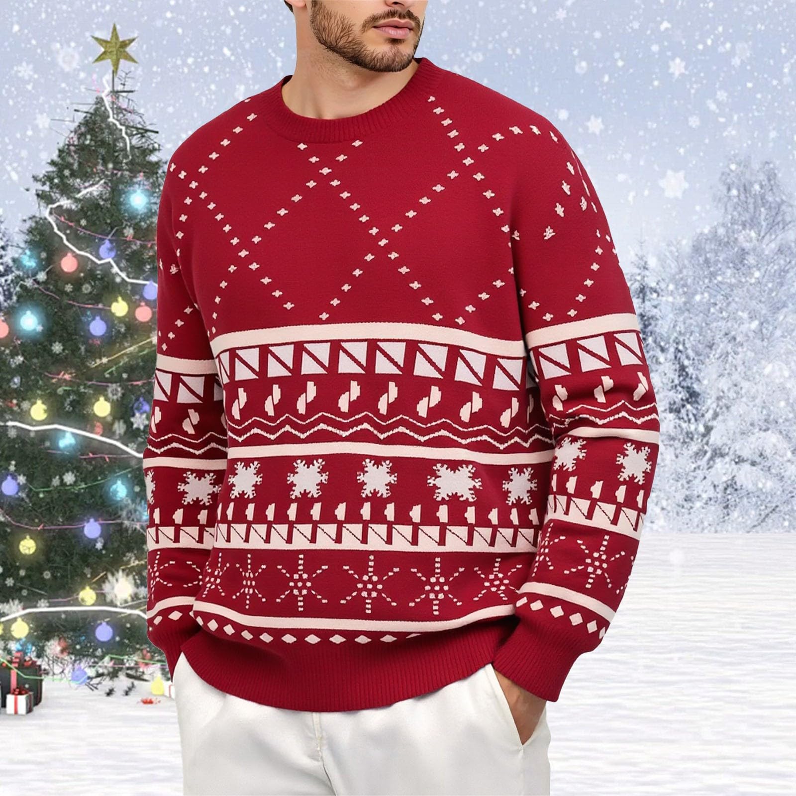 Generisch Jersey de Navidad para hombre, suéter de Navidad, cuello redondo, jersey de punto de manga larga, jersey de punto fino, suéter de trabajo para hombre, suéter de invierno