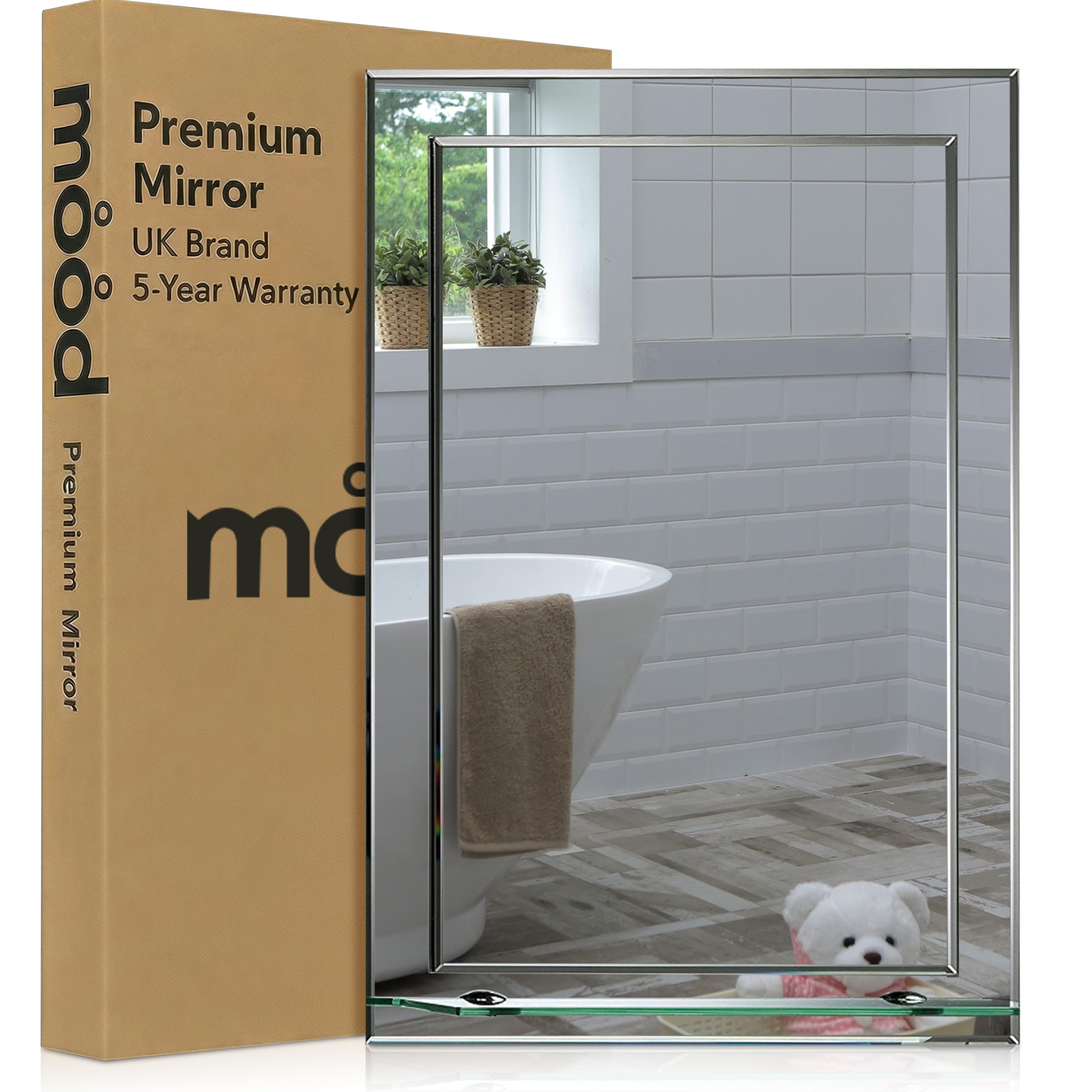 Neue Design Silver Mood® Premium Rectangular Bathroom Mirror With Shelf, Anti-Rust Wall Mounted Bevelled Frameless Mirrors, Double Layer Of Glass, Toilet Bedroom Hallway, (70Cm X 50Cm)