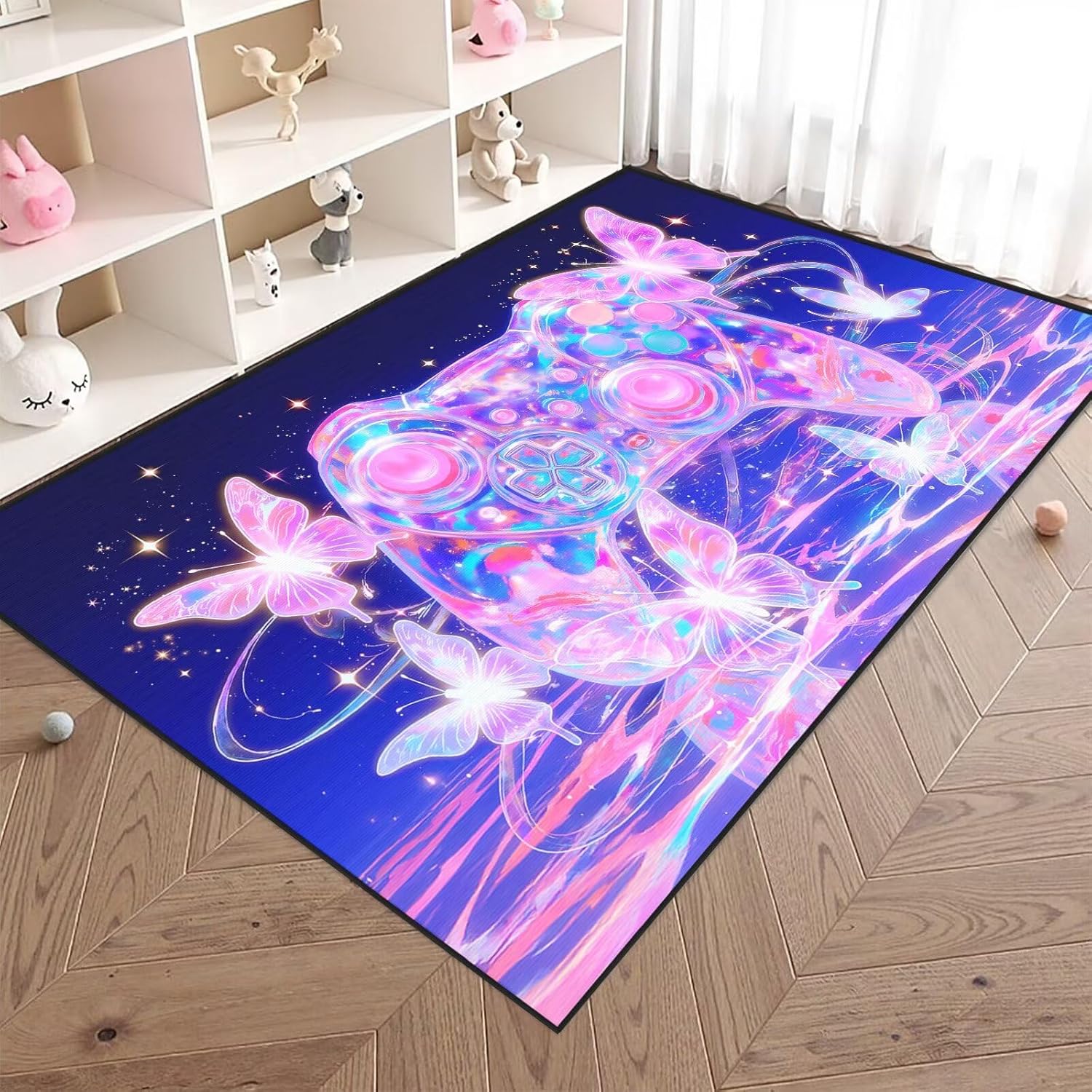 Dreamy Butterfly Rugs for Girls Room Gaming Rug 4x6 ft Gaming Room Decor Gamer Area Rug Non-Slip Gaming Floor Mat Purple-Pink Kids Carpet for Bedroom, Livingroom,Playroom & Apartment