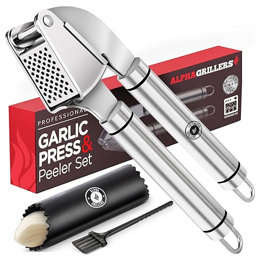 Alpha Grillers Garlic Press Stainless Steel Mincer and Crusher with Silicone Roller Peeler. Rust Proof, Easy Squeeze, Dishwasher Safe, Easy Clean