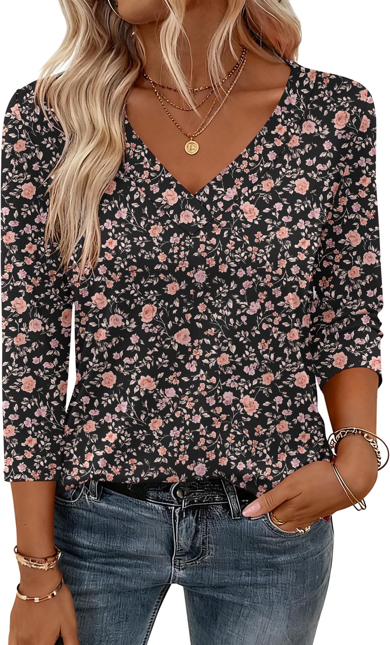 3/4 Length Sleeve Womens Tops V Neck Shirt Dressy Casual Blouse Basic Tshirts 2026 Fashion Clothing S-2XL