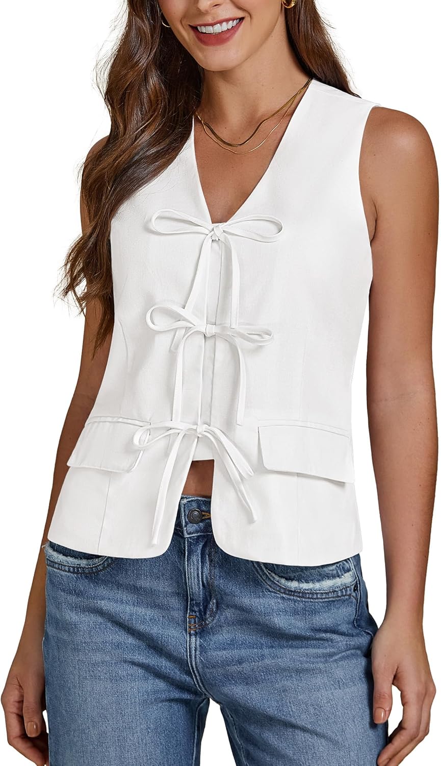 luvamia Linen Vest for Women Trendy Sleeveless Tie Front Tops Summer Casual Top Waistcoat Suit Vests with Pockets