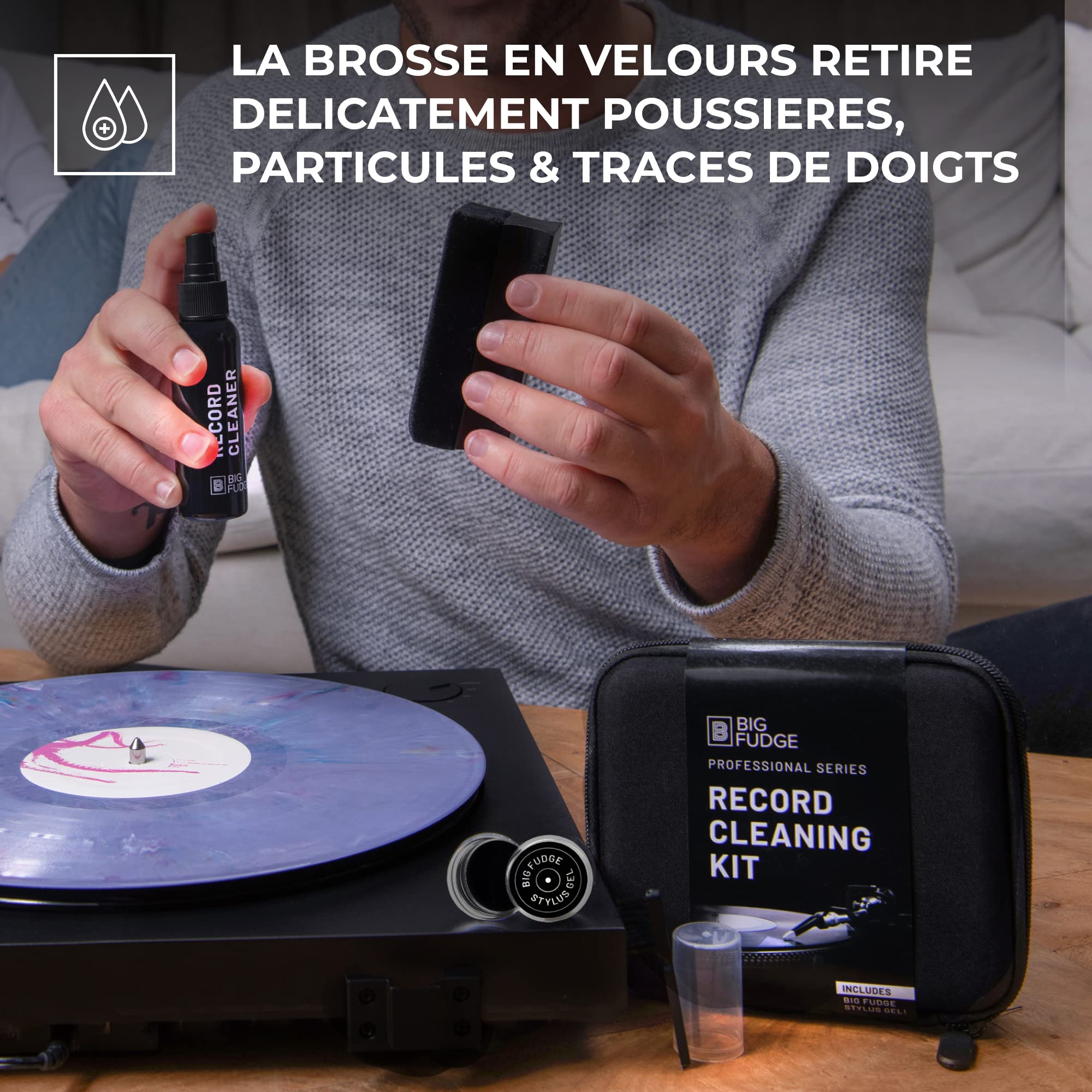 Big Fudge Professional Series Kit de Nettoyage Vinyle - 5-en-1 - Avec Brosse de Nettoyage en Velours, Liquide de Nettoyage et Gel Stylet