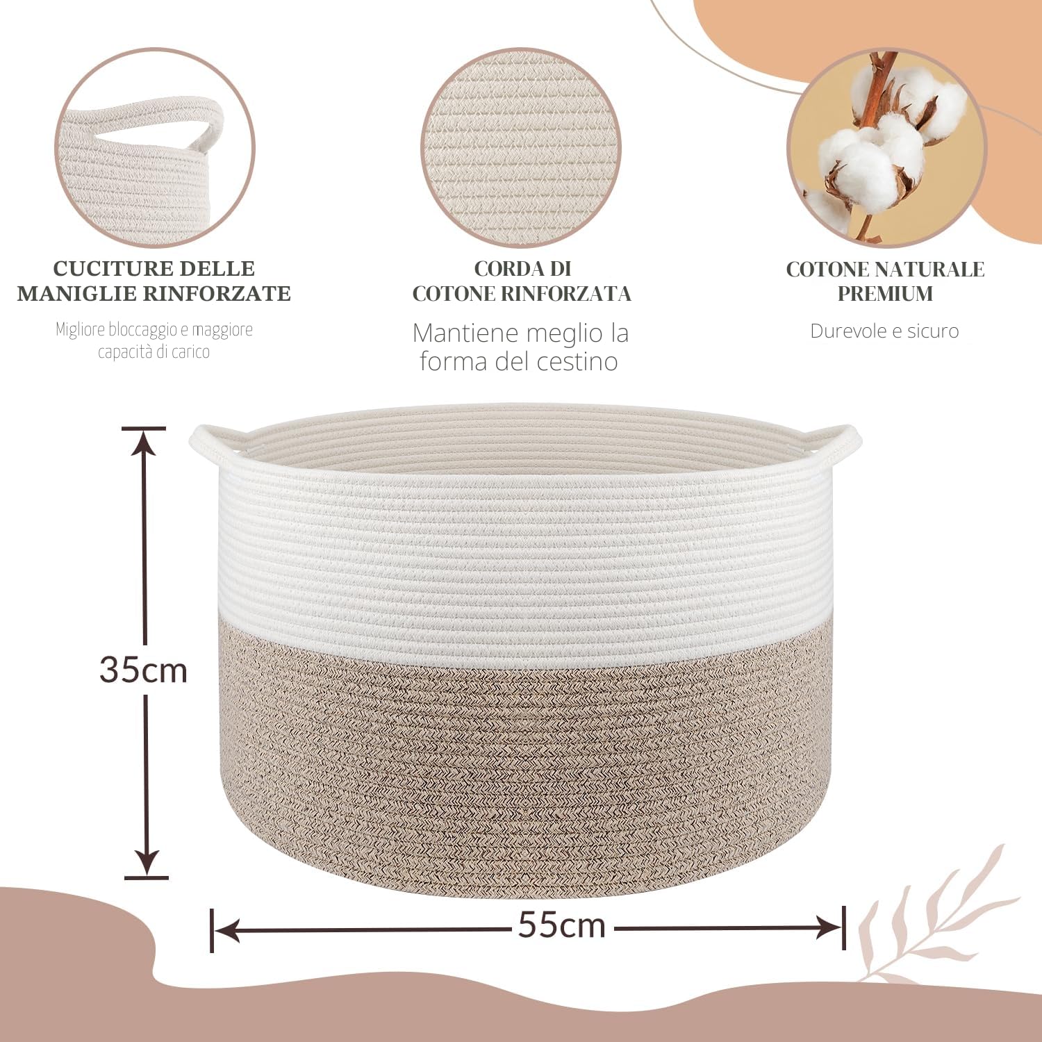 Maliton Cesto Portabiancheria Extra Grande 50x33 cm Bianco Marrone