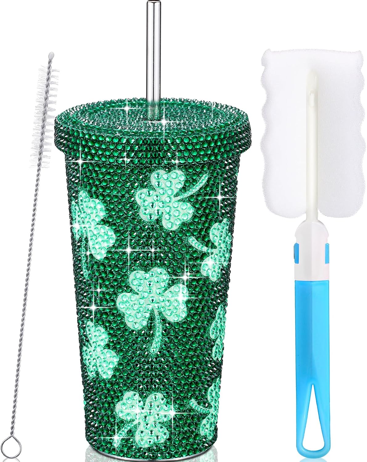 Domensi 17 oz Bling Diamond Tumbler Shamrock Print Rhinestone Cup Vacuum Insulated Mug for Women Girl Friend St Patricks Day Birthday Teacher Appreciation Gift (Adorable Shamrock)
