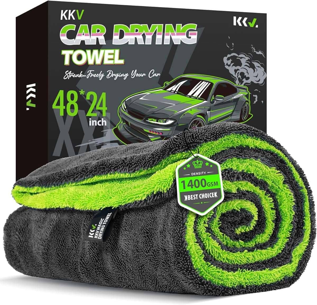 KKV Full-Sized SUV Drying Towel, 48”x24” Dual Sided Microfiber Car Cleaning Towel with Twisting Yarn Technique, 1400GSM Super Absorbent, Scratch-Free, Machine Washable (Darkgray-GreenYellow)