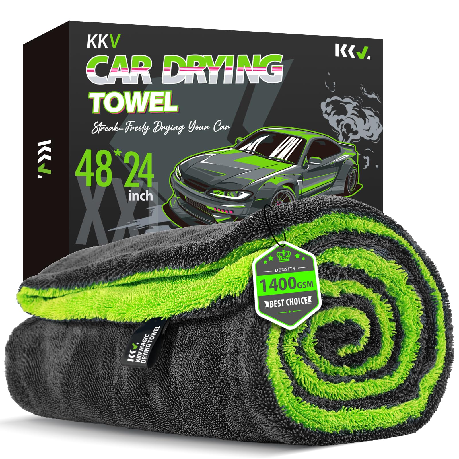 KKV Full-Sized SUV Drying Towel, 48”x24” Dual Sided Microfiber Car Cleaning Towel with Twisting Yarn Technique, 1400GSM Super Absorbent, Scratch-Free,
