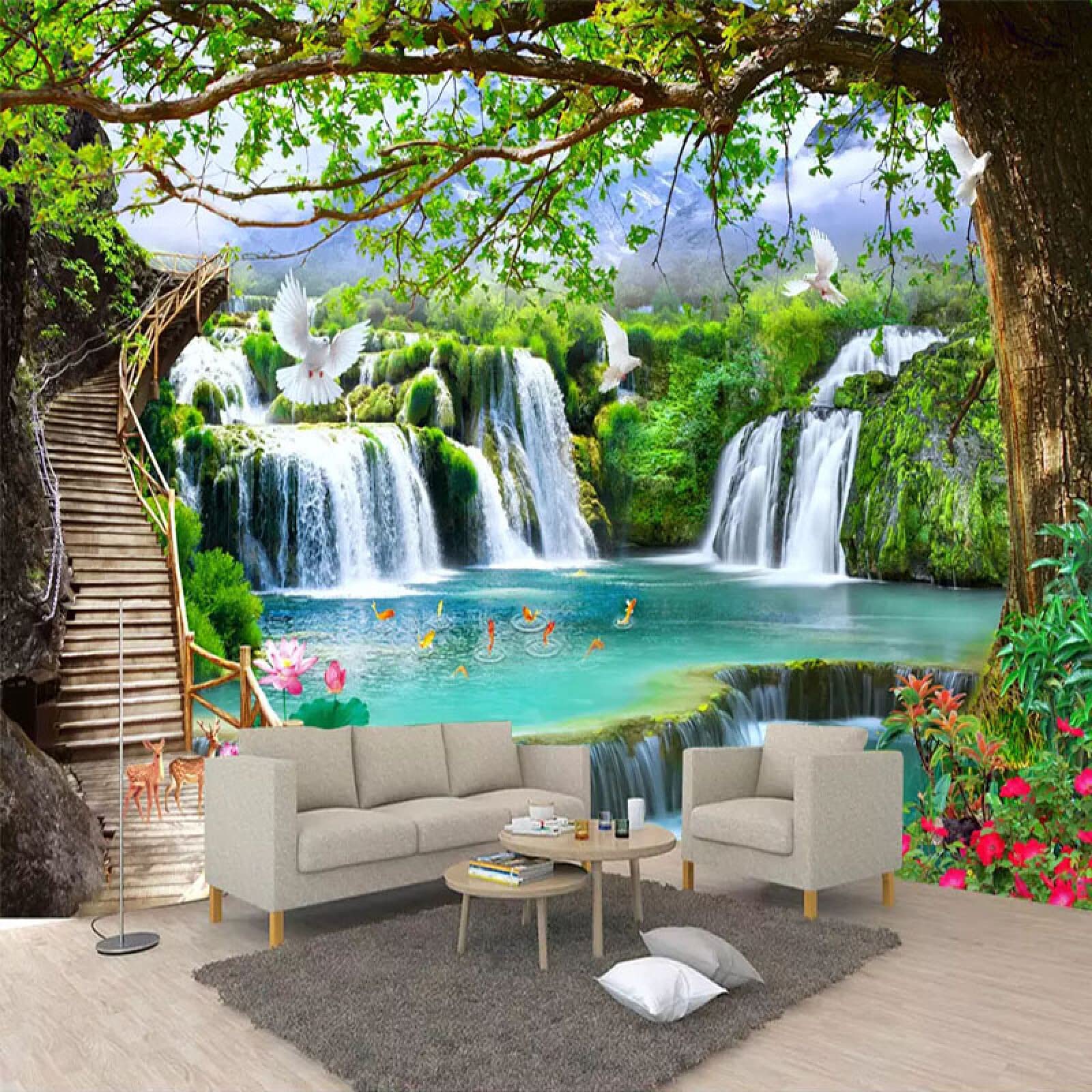 Verde Grande Albero Cascata Natura Paesaggio Pittura Murale Personalizzata Foto 3D Carta Da Parati Per Soggiorno Tv Sfondo Murale 250Cm(W)×175Cm(H)