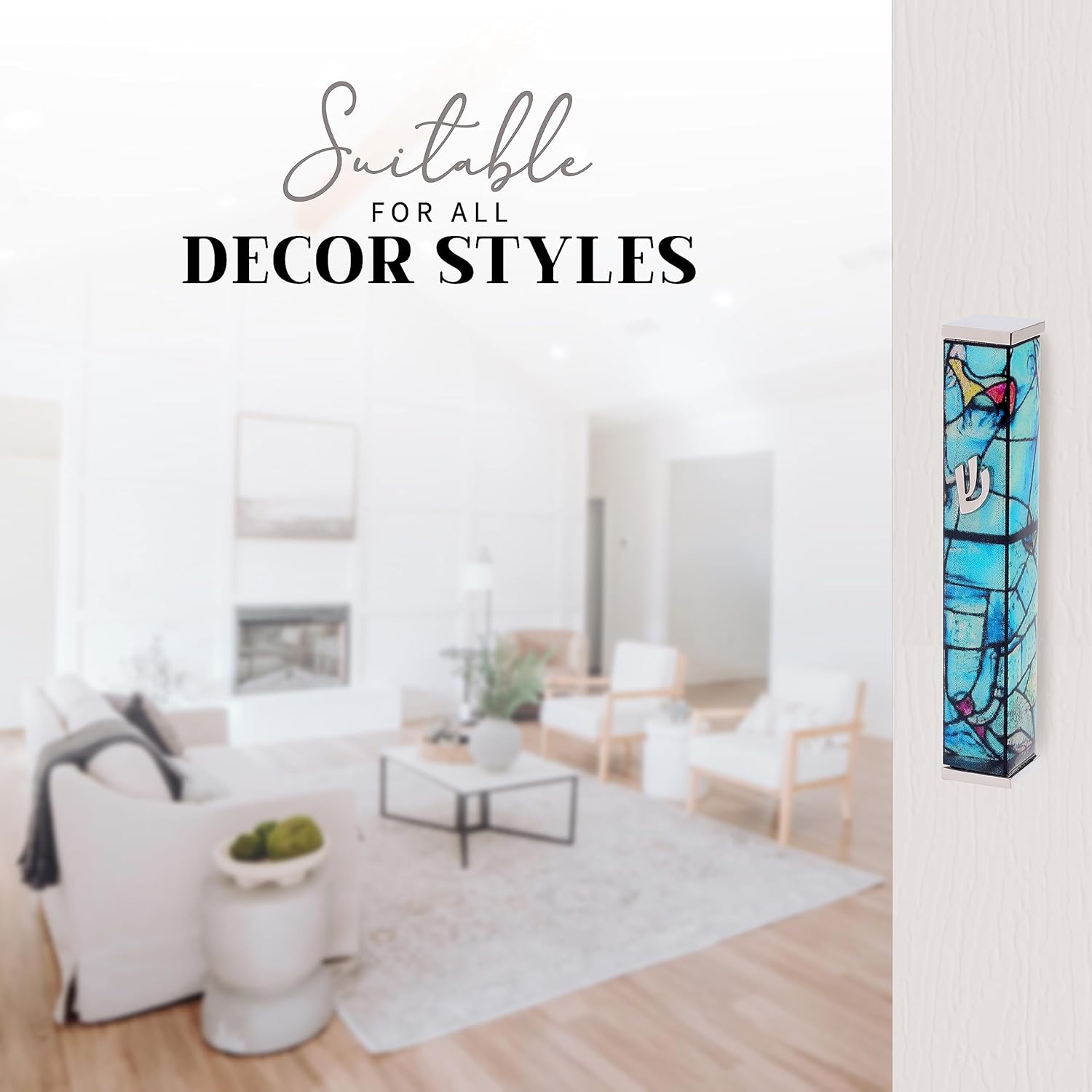 SURI Mezuzah for Door with Printed Scroll Inside | 4" Modern Mezuzah Case in Turquoise & Silver Marc Chagall Design | Adhesive Included - Ideal Jewish Gift from Israel