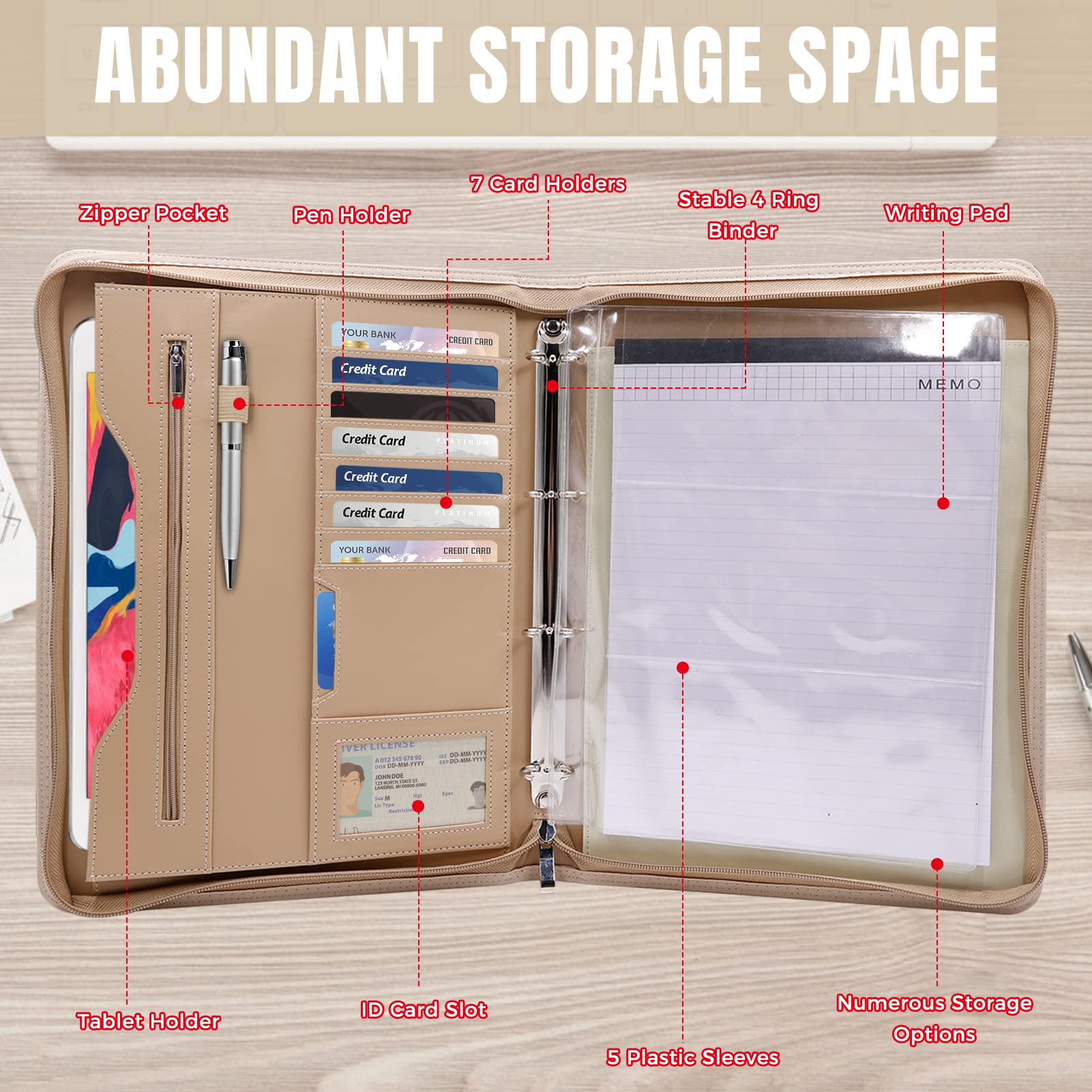 Portfolio Binder-Sbrinnaliao Padfolio Organizer Business Planner & Notebook Organizer-Anello rimovibile Blocco Notepad Scrittura, Raccoglitori con cerniera per uomini e donne (kaki)