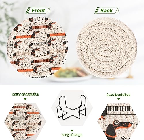 Miniatura 4 de innewgogo Dachshund Dogs 6 Pcs Absorbent Drink Coasters for Tabletop Protection Handmade Round Woven Coaster with Holder & Heat Water Resistant Bulk