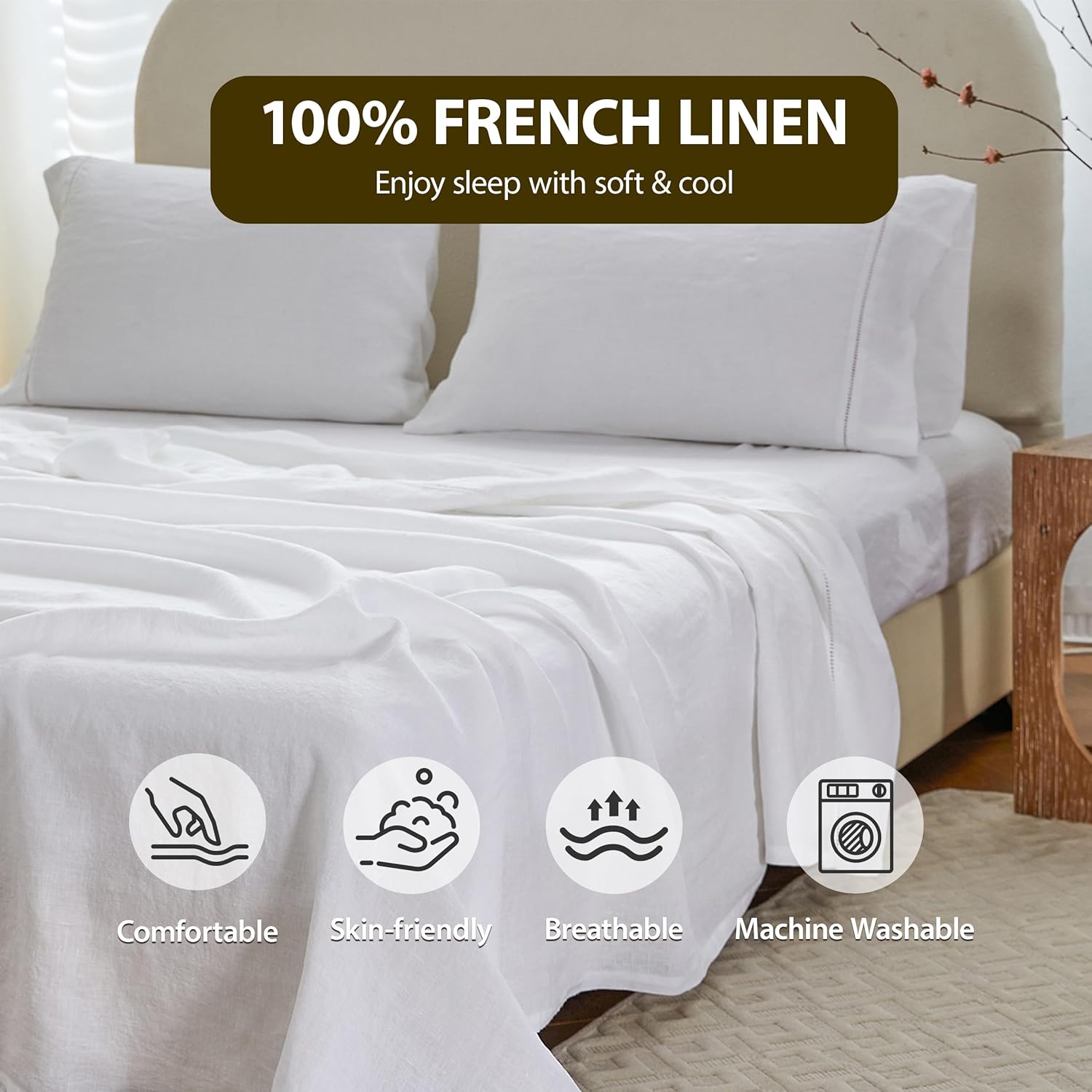 Simple&Opulence 100% Linen Hollow Hemstitch Sheet Set -4 Pieces European Flax Pure Washed Bed Sheets (1 Flat Sheet, 1 Fitted Sheet,2 Pillowcases) -Breathable and Soft (Hemstitch White,Full)