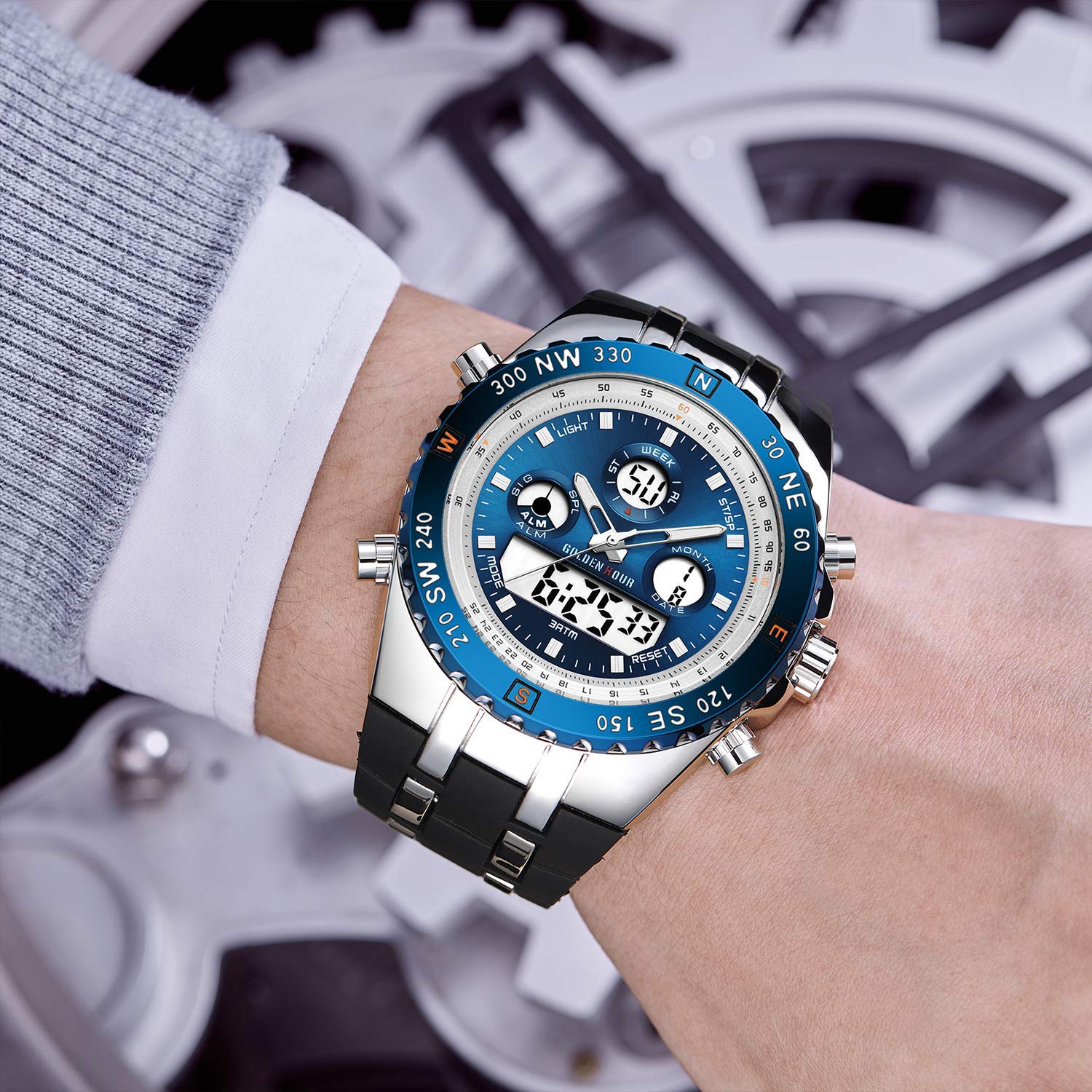 Reloj de Pulsera Deportivo para Hombre, Resistente al Agua, cronómetro, Fecha, Alarma, Luminoso, Digital, analógico, Militar, con Correa de Goma