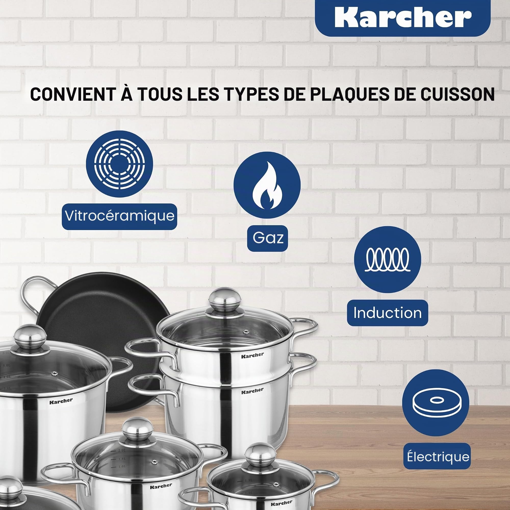 Karcher 113577 Batterie de cuisine Jette (14 pièces, avec 5 couvercles en verre, inox, convient aux plaques à induction, lavable au lave-vaisselle)