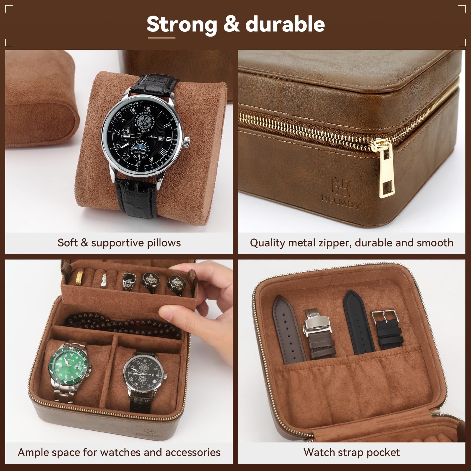 Custodia da viaggio con 2 scomparti per orologi, con scomparto per accessori, collane, anelli, gemelli, custodia portatile da viaggio in pelle PU con cerniera, ideale come regalo (marrone)
