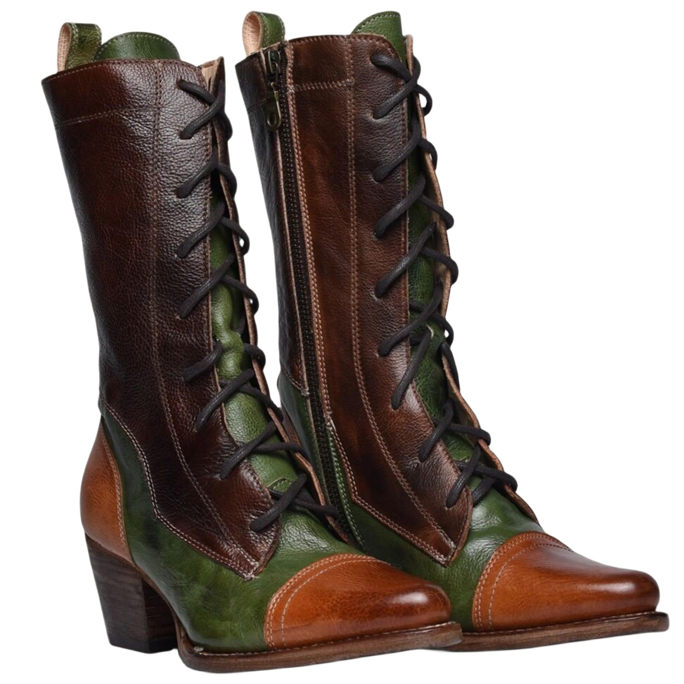 Victorian Boots for Women Vintage Womens Classic Chunky Block Heel Lace Up Side Zipper Mid Calf Retro 70s