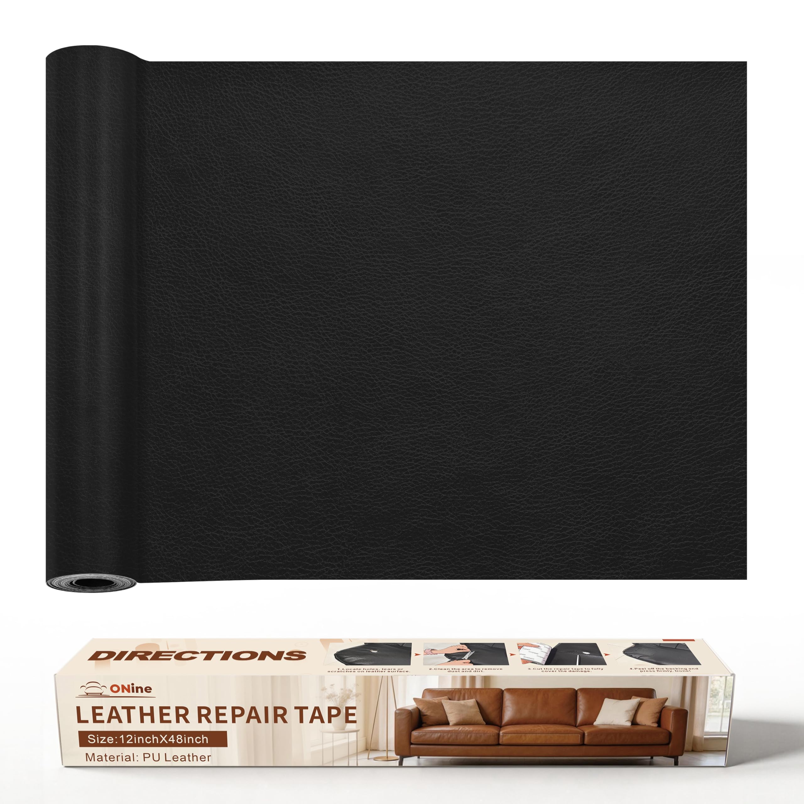 ONine Leather Repair Patch，Leather Repair Tape, 12 x 48 inches Leather Repair Patch for Furniture,Vinyl Repair Kit，Leather Couch Patch，for Sofas, Furniture, Car Seats, Office Chairs(Black)