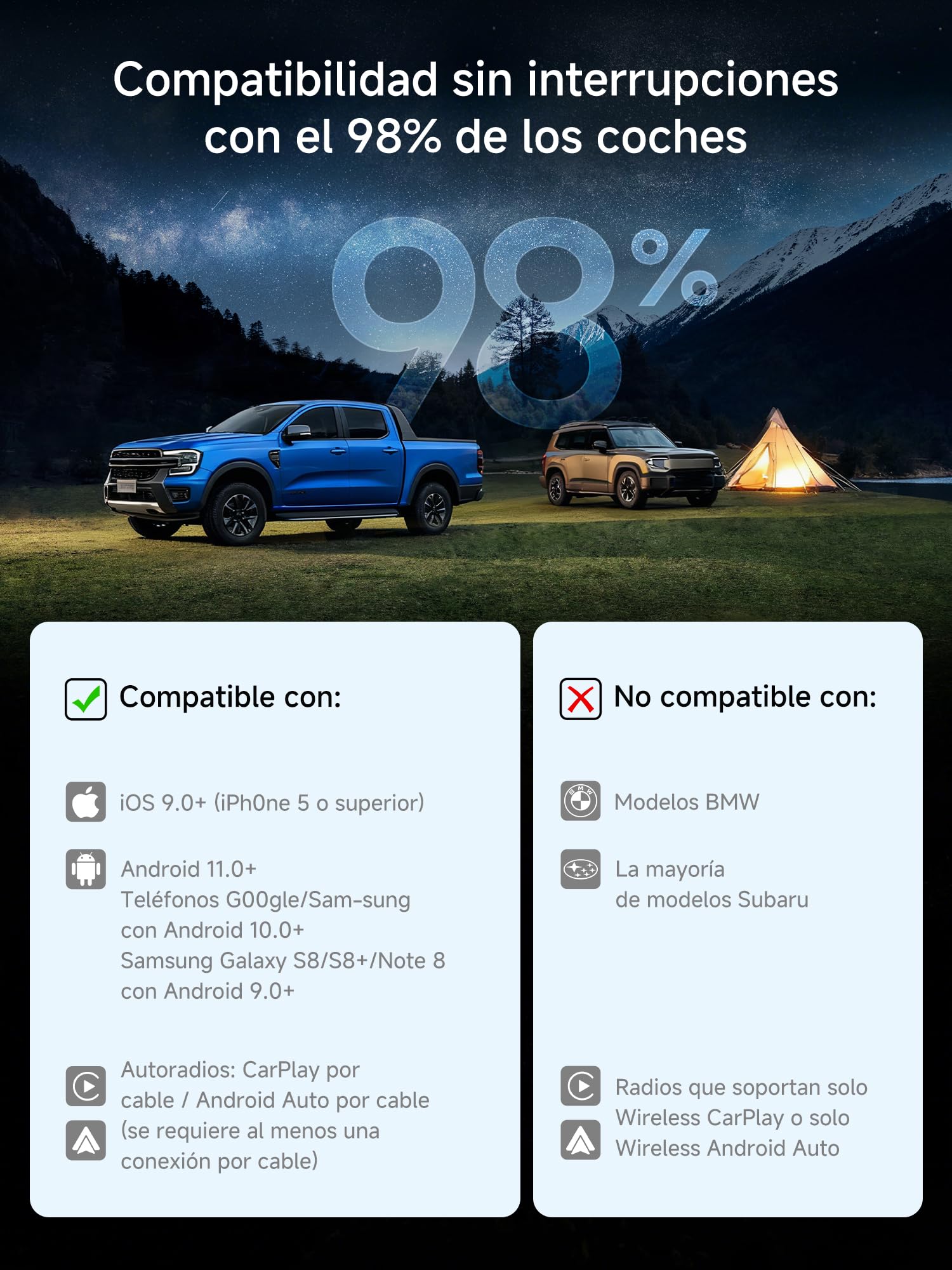 Adaptador Inalámbrico CarPlay Android Auto, CarPlay AI Box para CP/AA por Cable, 2G+16G, Dual WiFi y Bluetooth Hub IoT, BLE, para Netflix/Youtube/Tarjeta TF, DriveChat AI Voice, CB4A