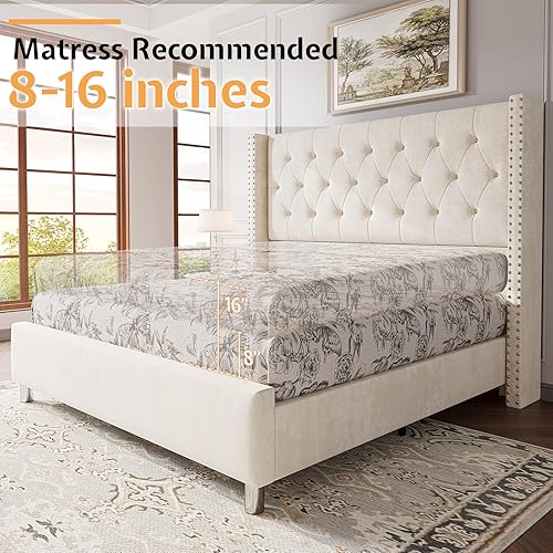 Miniatura 5 de Jocisland Marco de cama tamaño King tapizado de terciopelo plataforma de perfil bajo cabecera con alas elevadas soporte de listones de madera no