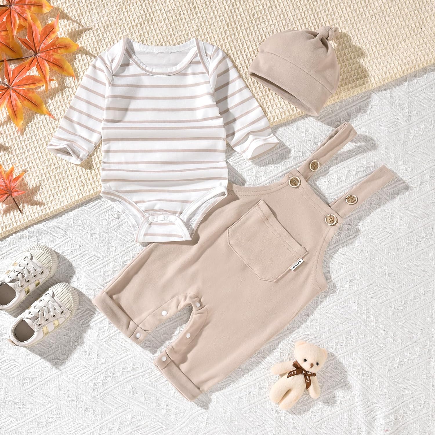Unutiylo Baby Boy Outfits Long Sleeve Romper Suspenders Overall Pants Set Fall Winter Clothes With Hat - Image 3