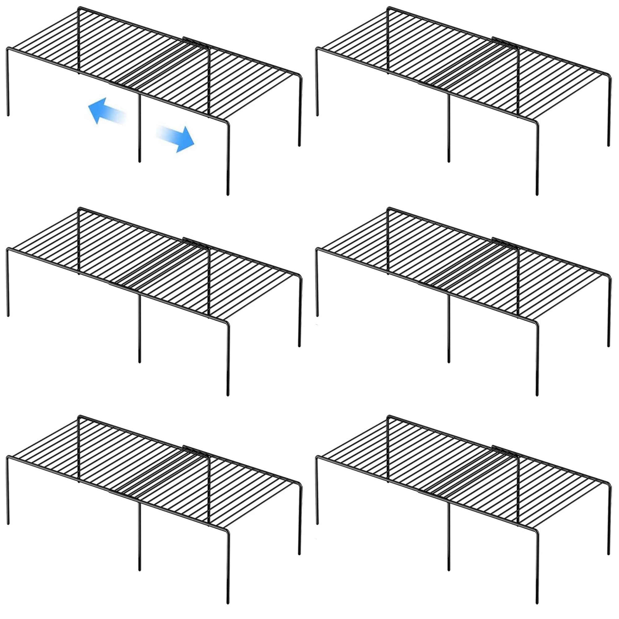 GEDLIRE Küchenschrank Erweiterbares Regal Organizer Set von 6 Stück, verstellbare Metalldraht, Speisekammer-Aufbewahrungsregale, Teller-Geschirr-Organizer-Regal für Schränke, Arbeitsplatte, schwarz
