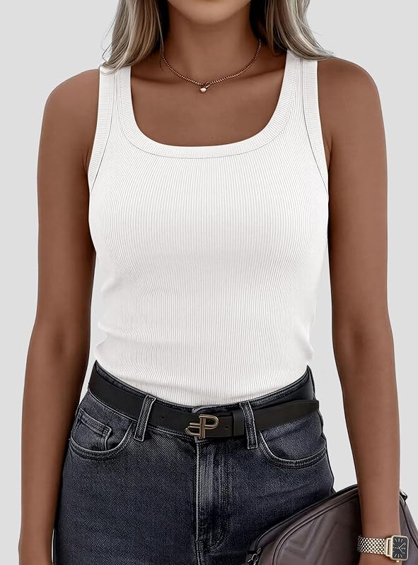 PRETTYGARDEN Tank Tops for Women Summer Sleeveless Tops,White,M | Square Neck Wide Strap, Soft Stretchy Ribbed Knit, Slim Fitted, Cute Casual Daily Fall Layering Clothes, 2026 Basic Cami image 6