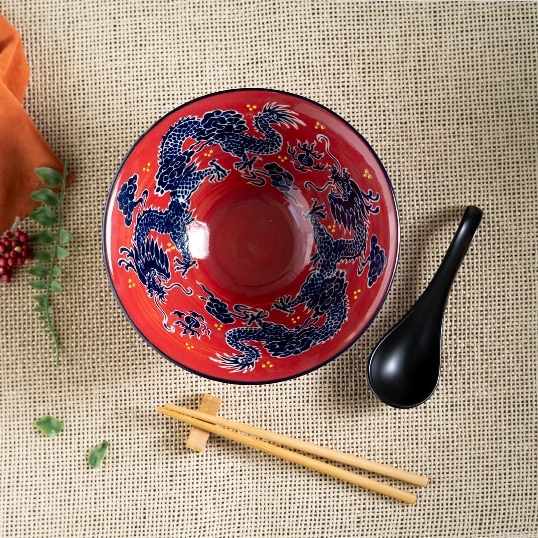 Urban Tokyo 24oz Large Ceramic Ramen Bowl Set with Chopsticks, Spoon & Bamboo Rest – Oriental Japanese Design, Microwave & Dishwasher Safe, Red Dragon image 3