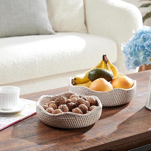 Vista 3 de YANGQIHOME Cestas de frutas redondas de ratán, cuencos de almacenamiento de mimbre, cuencos de cesta de servicio tejida natural, cestas decorativas